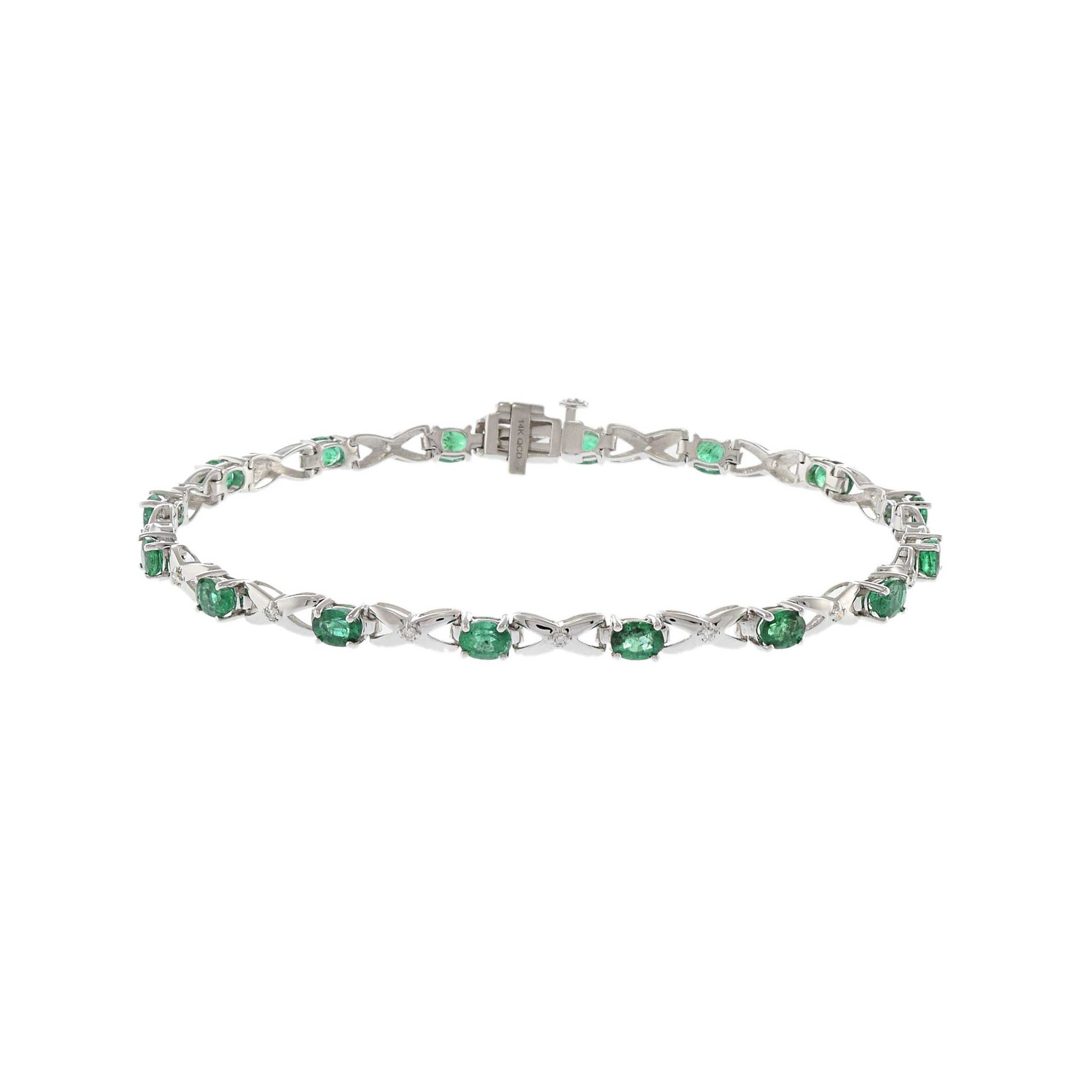 14KT White Gold Bracelet with Round Cut Diamonds and Oval Emeralds