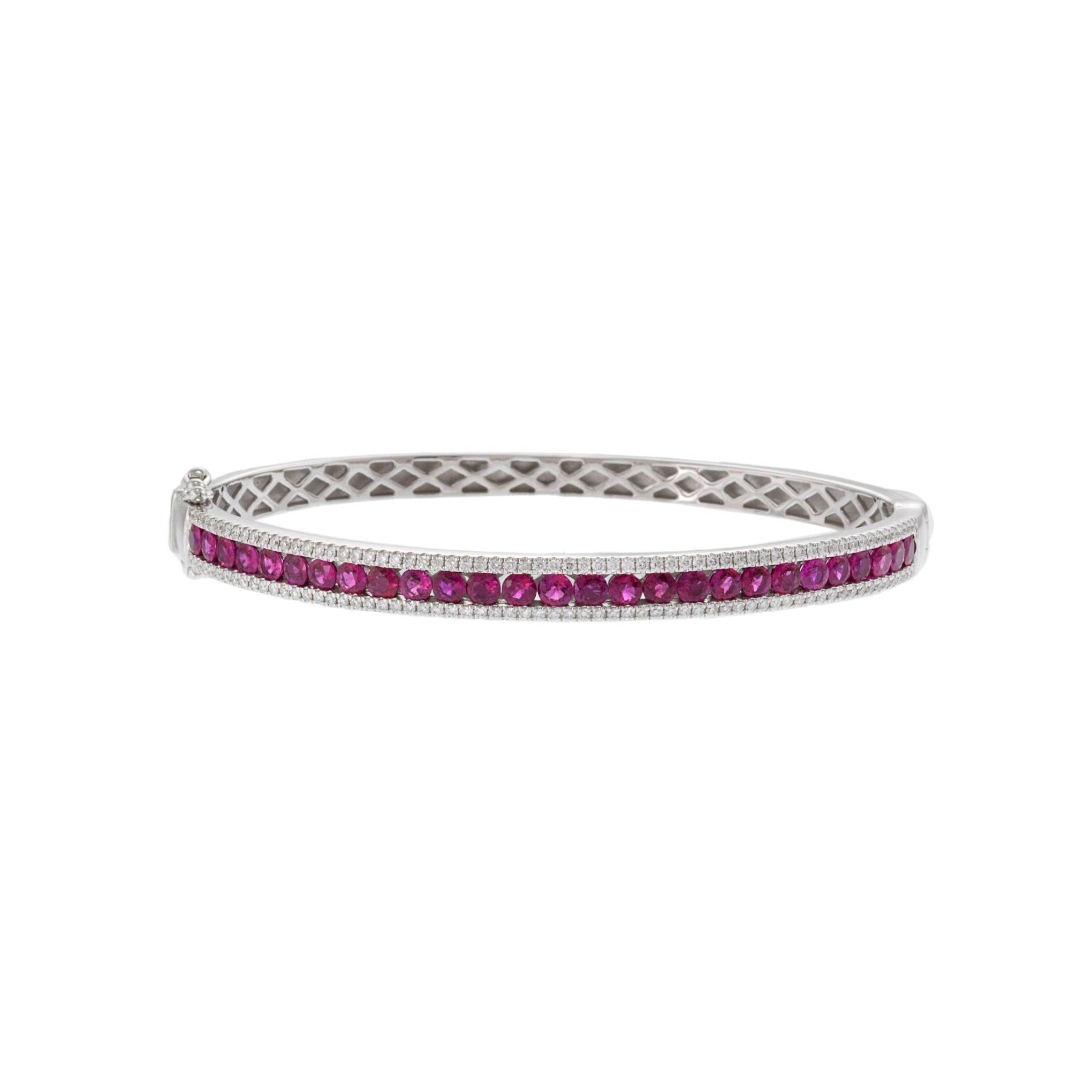 14KT White Gold Bangle Bracelet with Round Cut Diamonds and Rubies