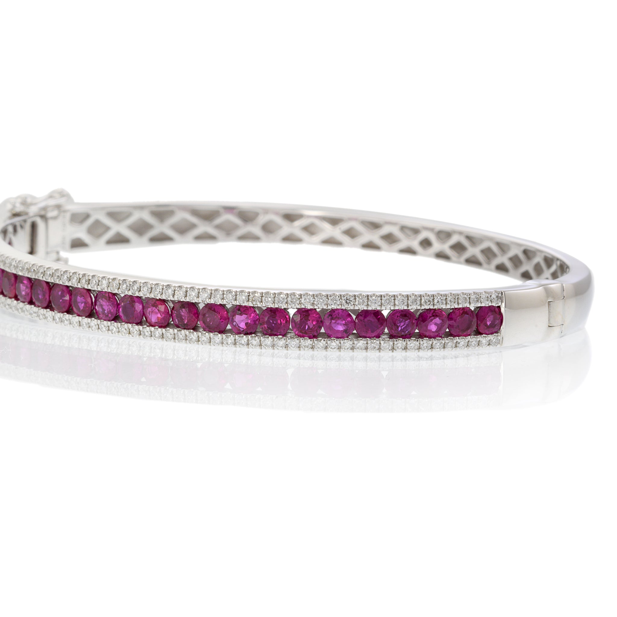 14KT White Gold Bangle Bracelet with Round Cut Diamonds and Rubies