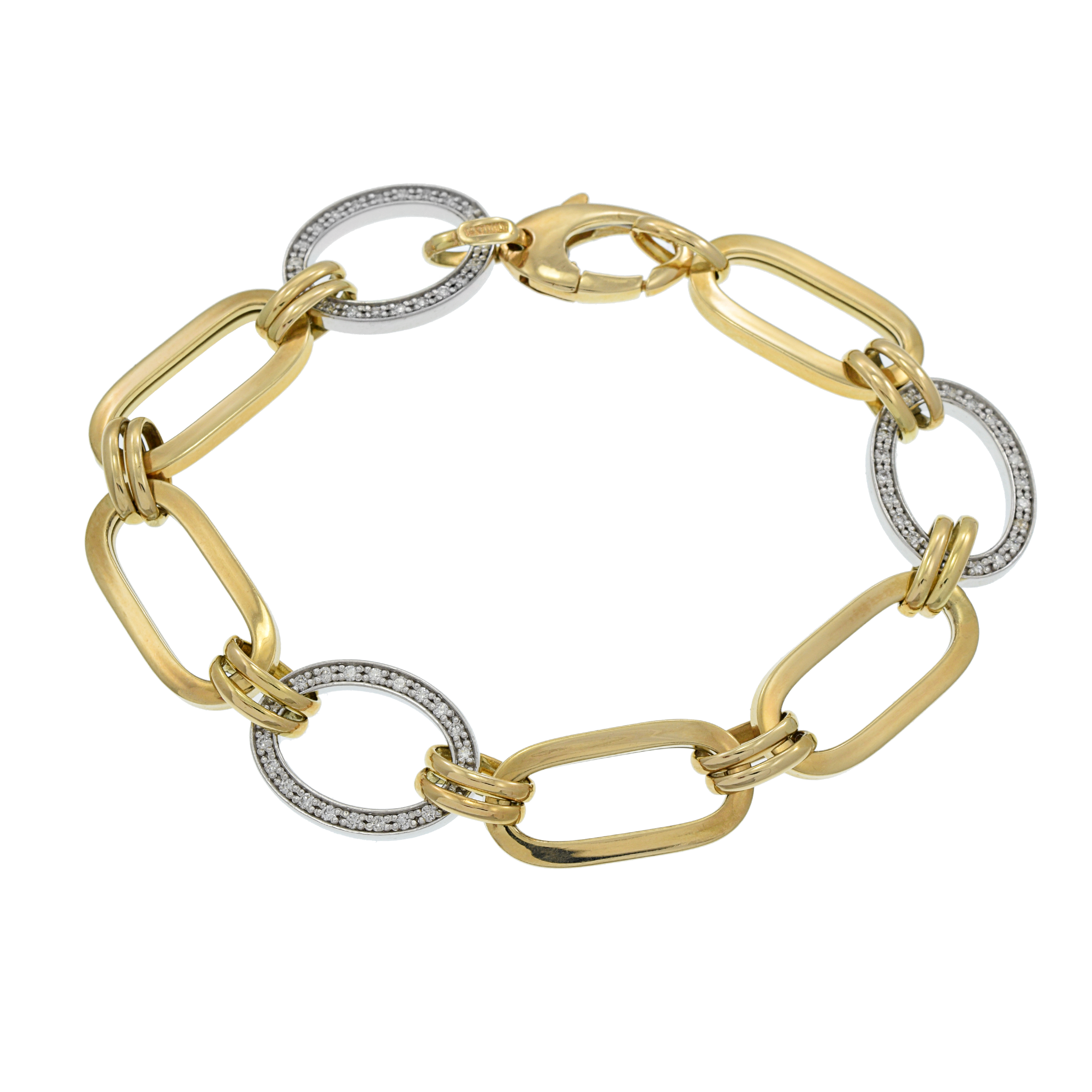 14KT Yellow Gold and Round Cut Diamonds Oval Links Bracelet