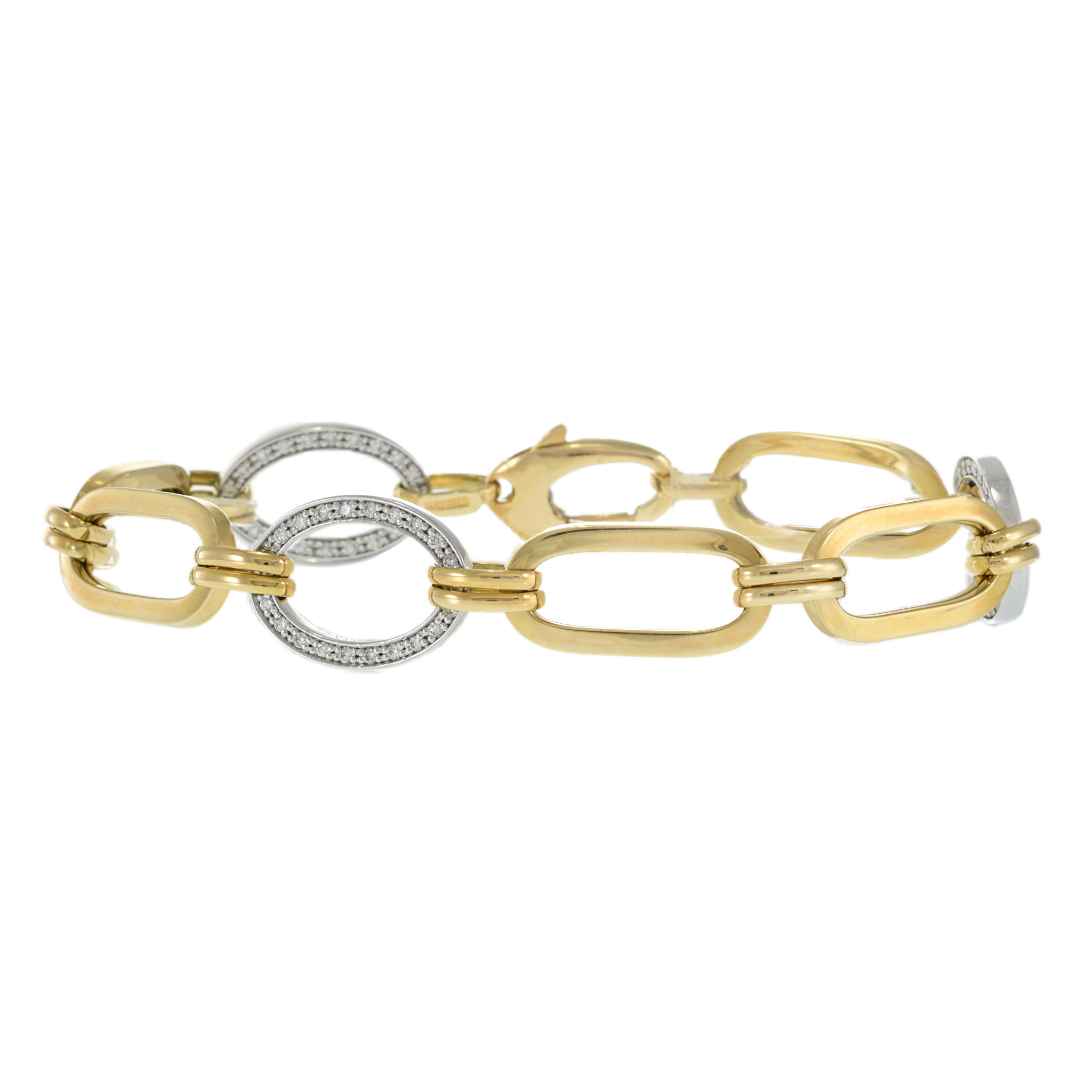 14KT Yellow Gold and Round Cut Diamonds Oval Links Bracelet