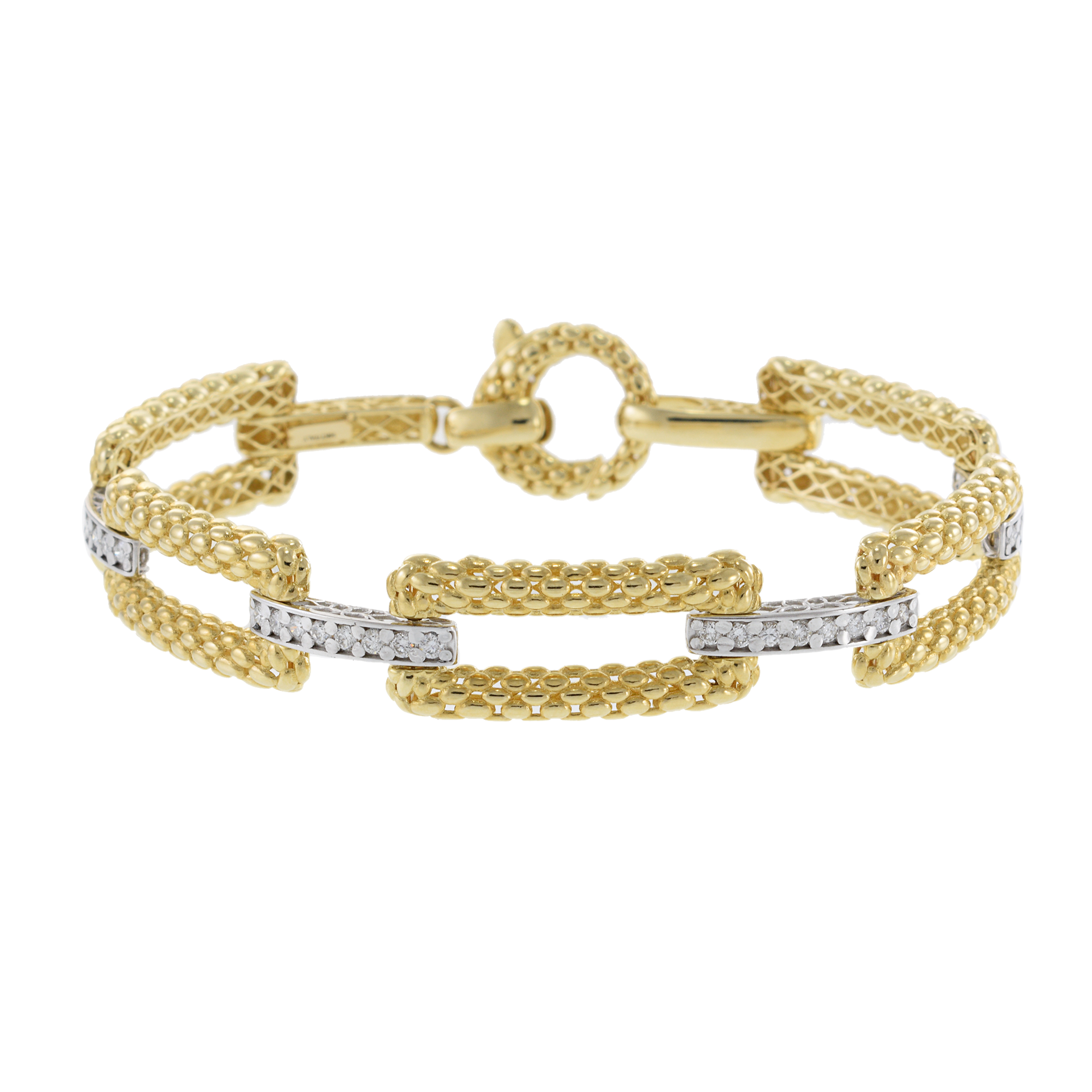 14KT Two-Tone Gold and Round Cut Diamonds Rectangle Open Links Bracelet