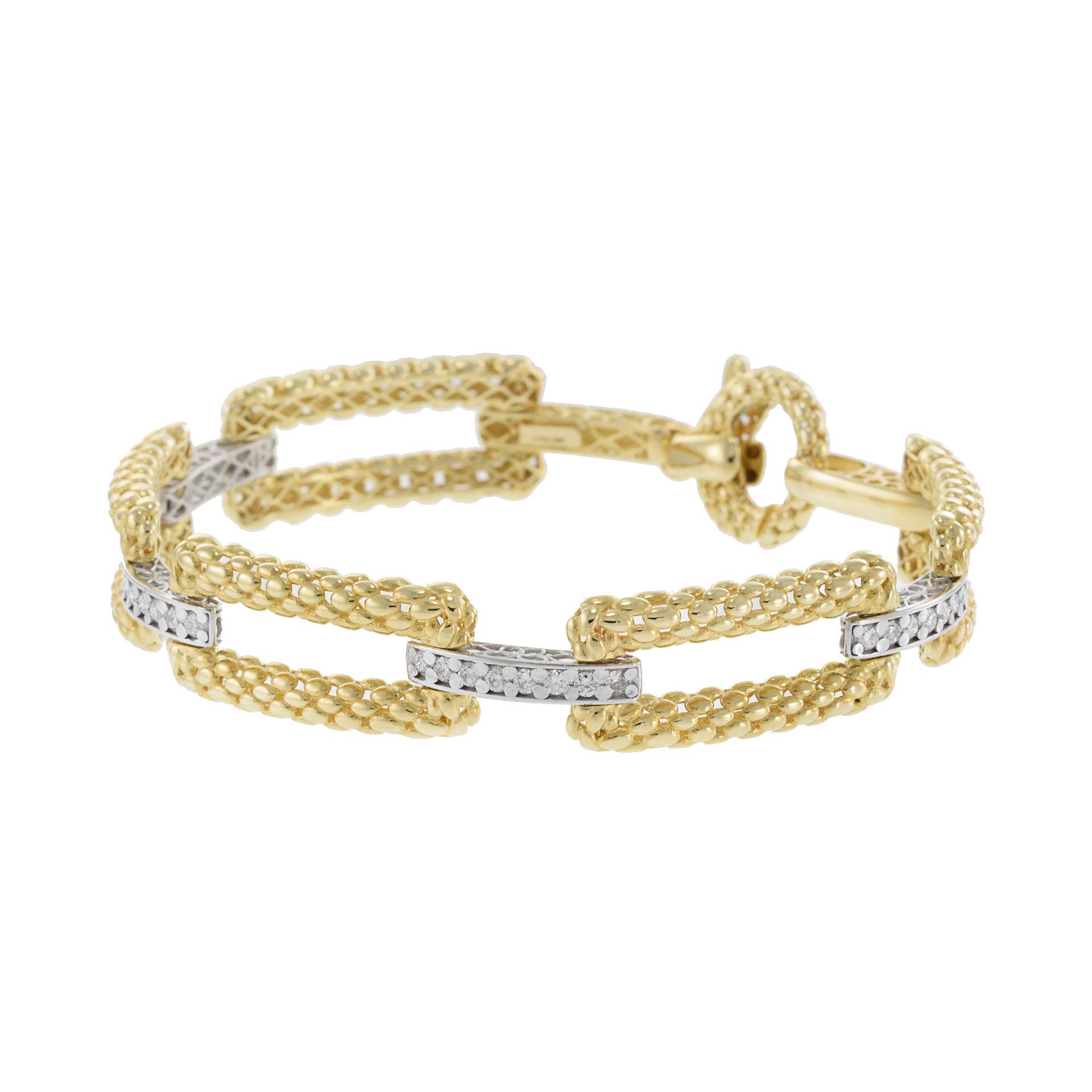 14KT Two-Tone Gold and Round Cut Diamonds Rectangle Open Links Bracelet