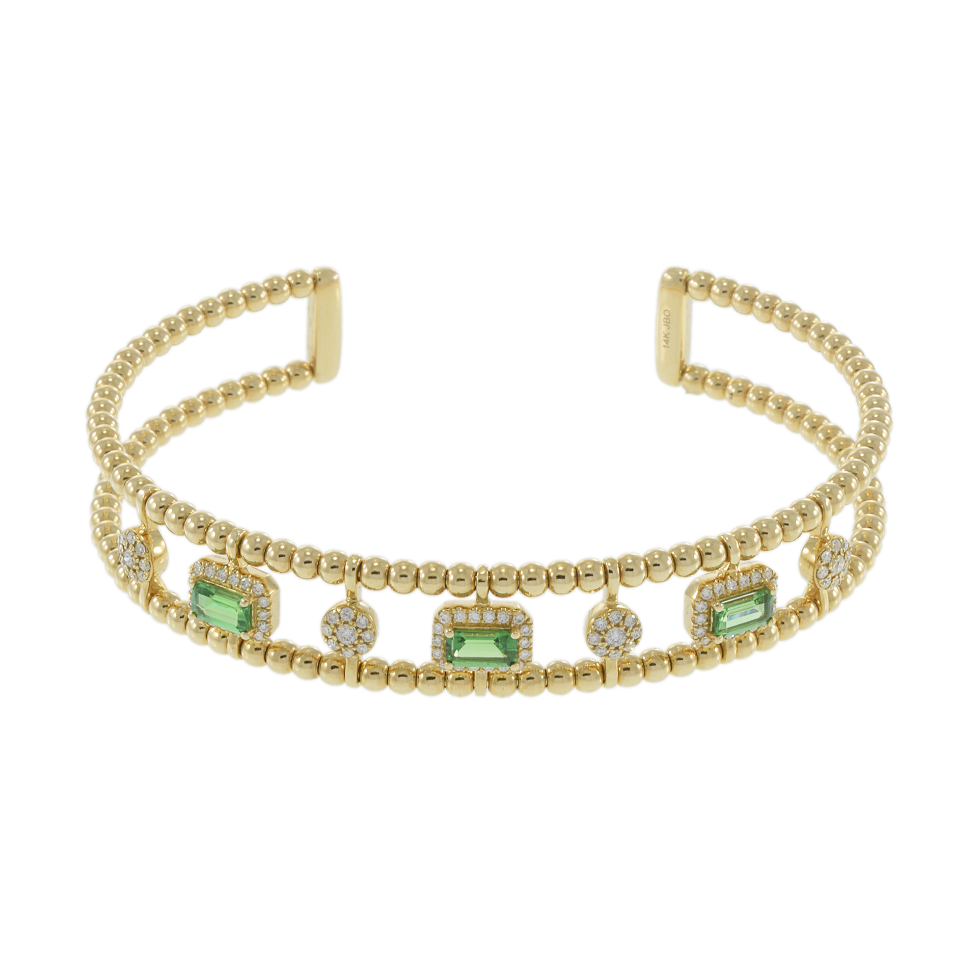 14KT Yellow Gold Green Tourmaline and Diamonds Cuff Bracelet