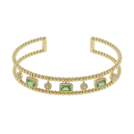 14KT Yellow Gold Green Tourmaline and Diamonds Cuff Bracelet