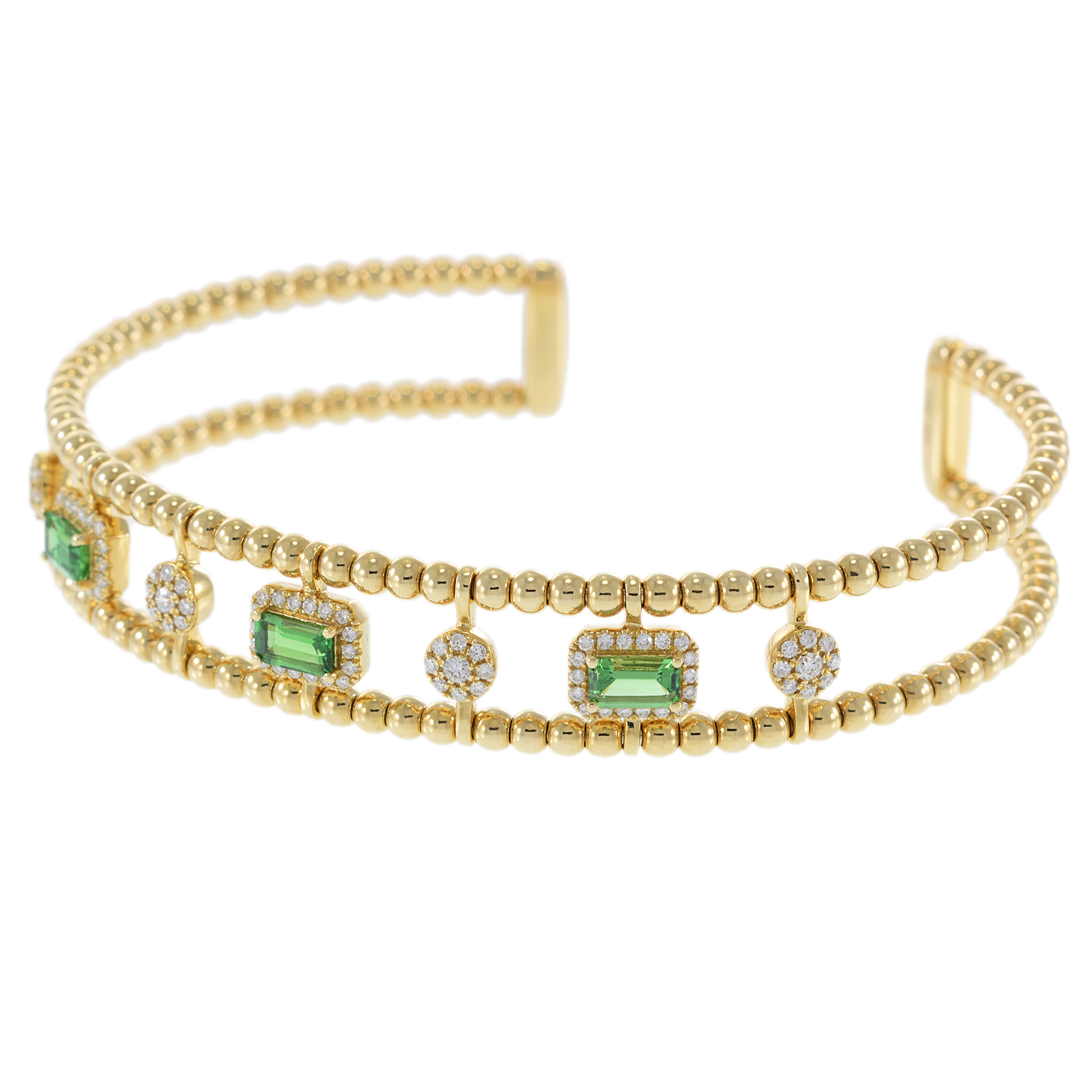 14KT Yellow Gold Green Tourmaline and Diamonds Cuff Bracelet