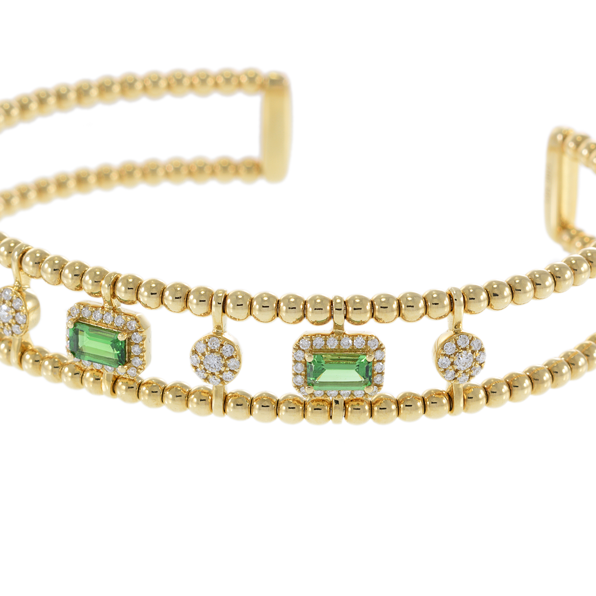 14KT Yellow Gold Green Tourmaline and Diamonds Cuff Bracelet