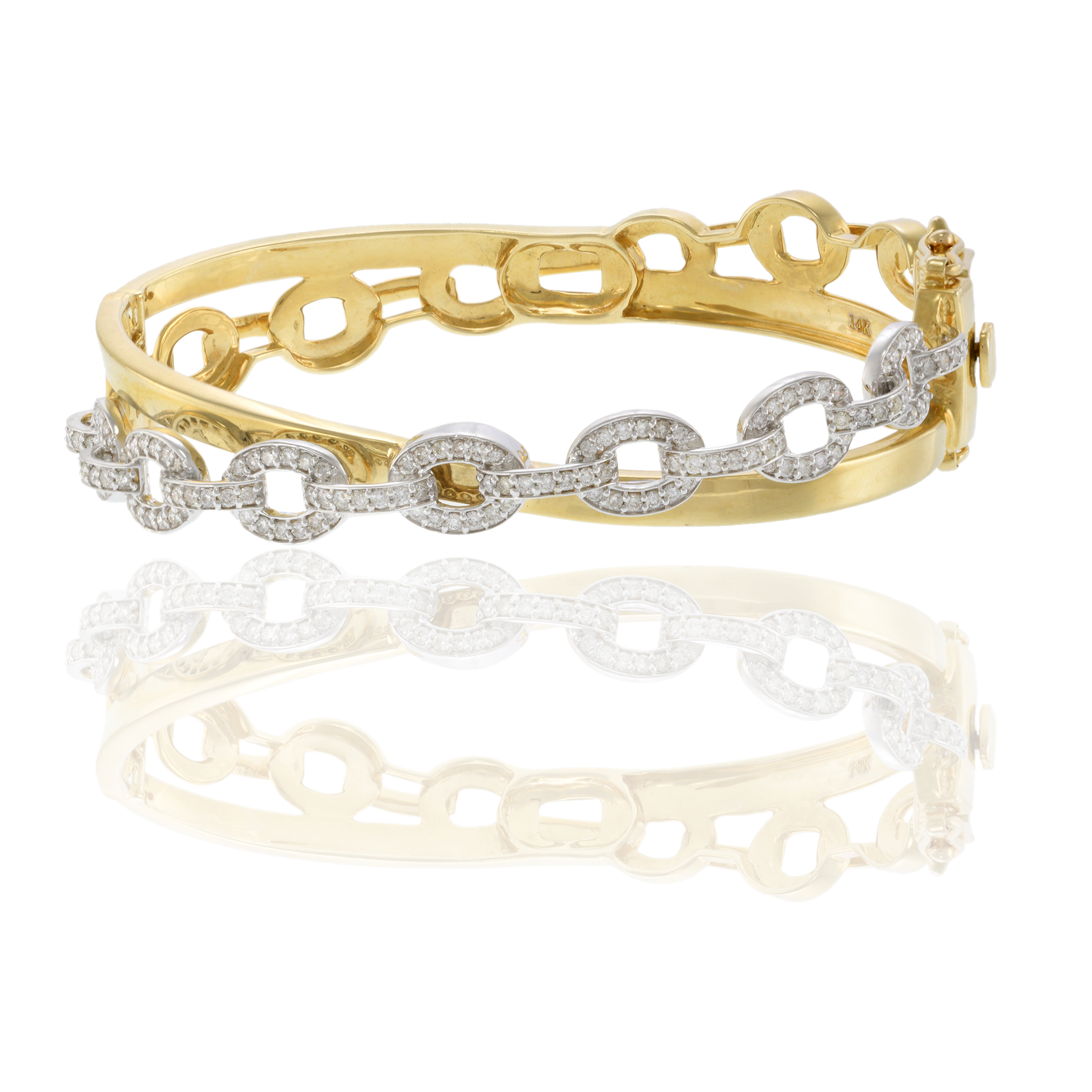 14KT Two Tone Gold Chain Link Diamond Bangle Bracelet