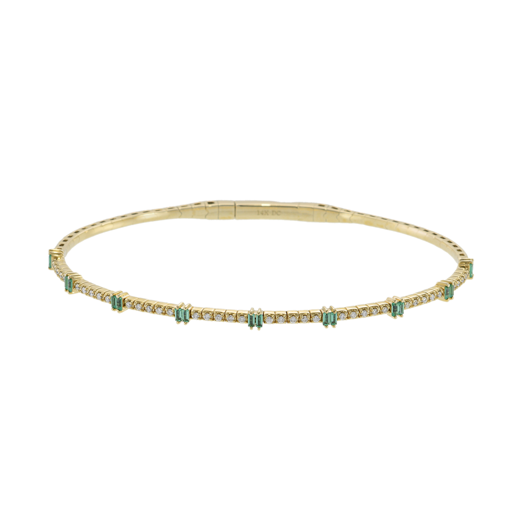 14KT Yellow Gold with Round Cut Diamonds and Baguette Emeralds Flex Bangle