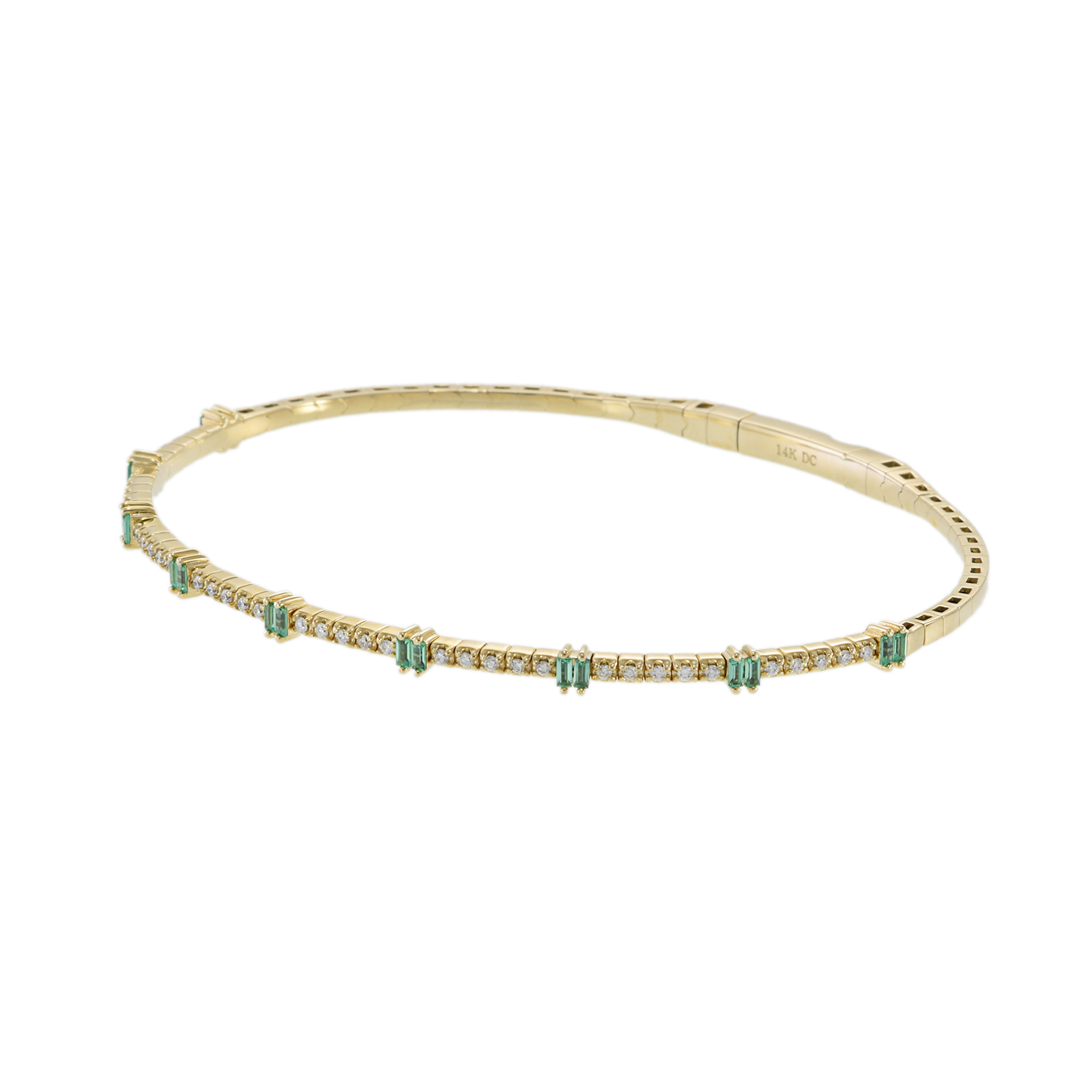 14KT Yellow Gold with Round Cut Diamonds and Baguette Emeralds Flex Bangle