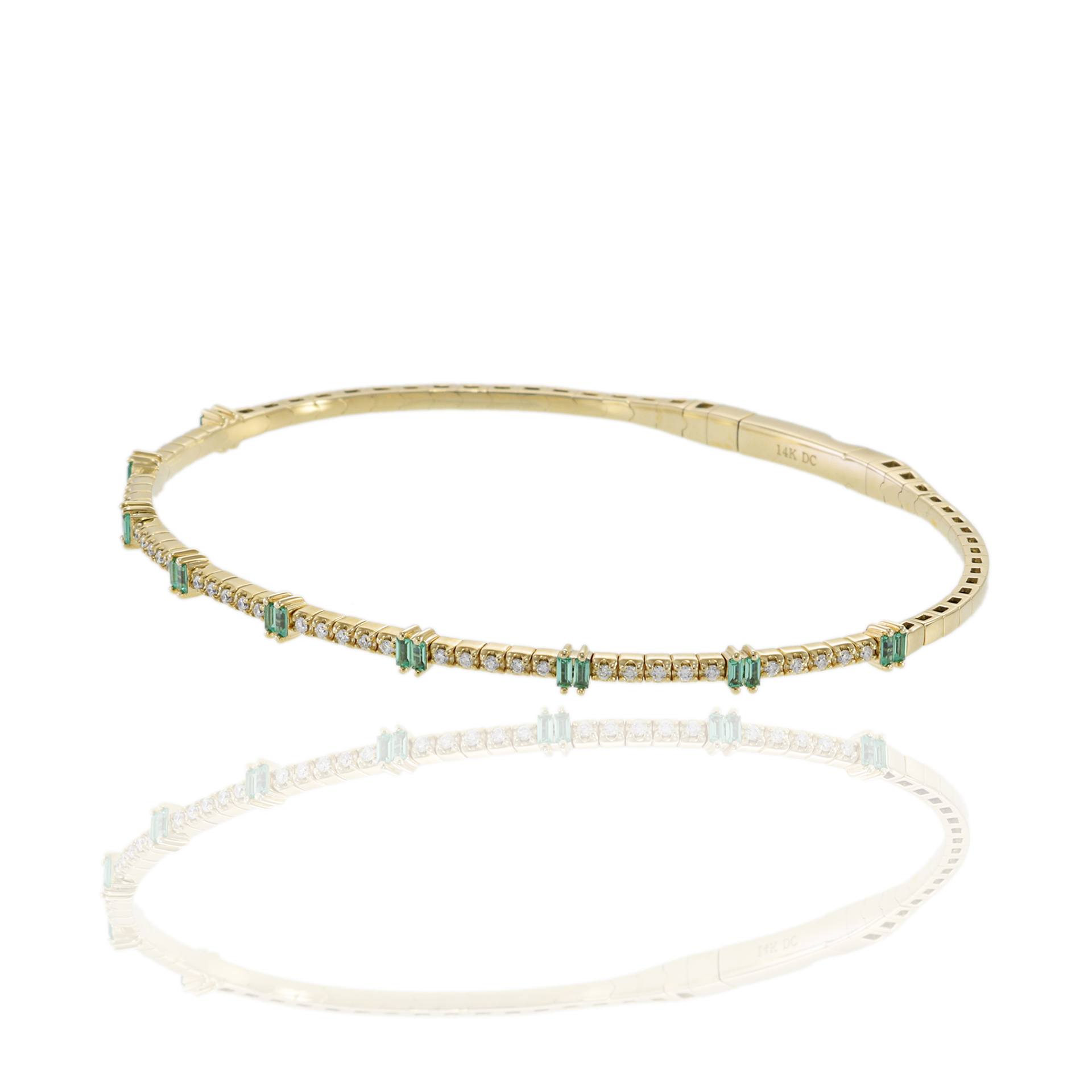 14KT Yellow Gold with Round Cut Diamonds and Baguette Emeralds Flex Bangle