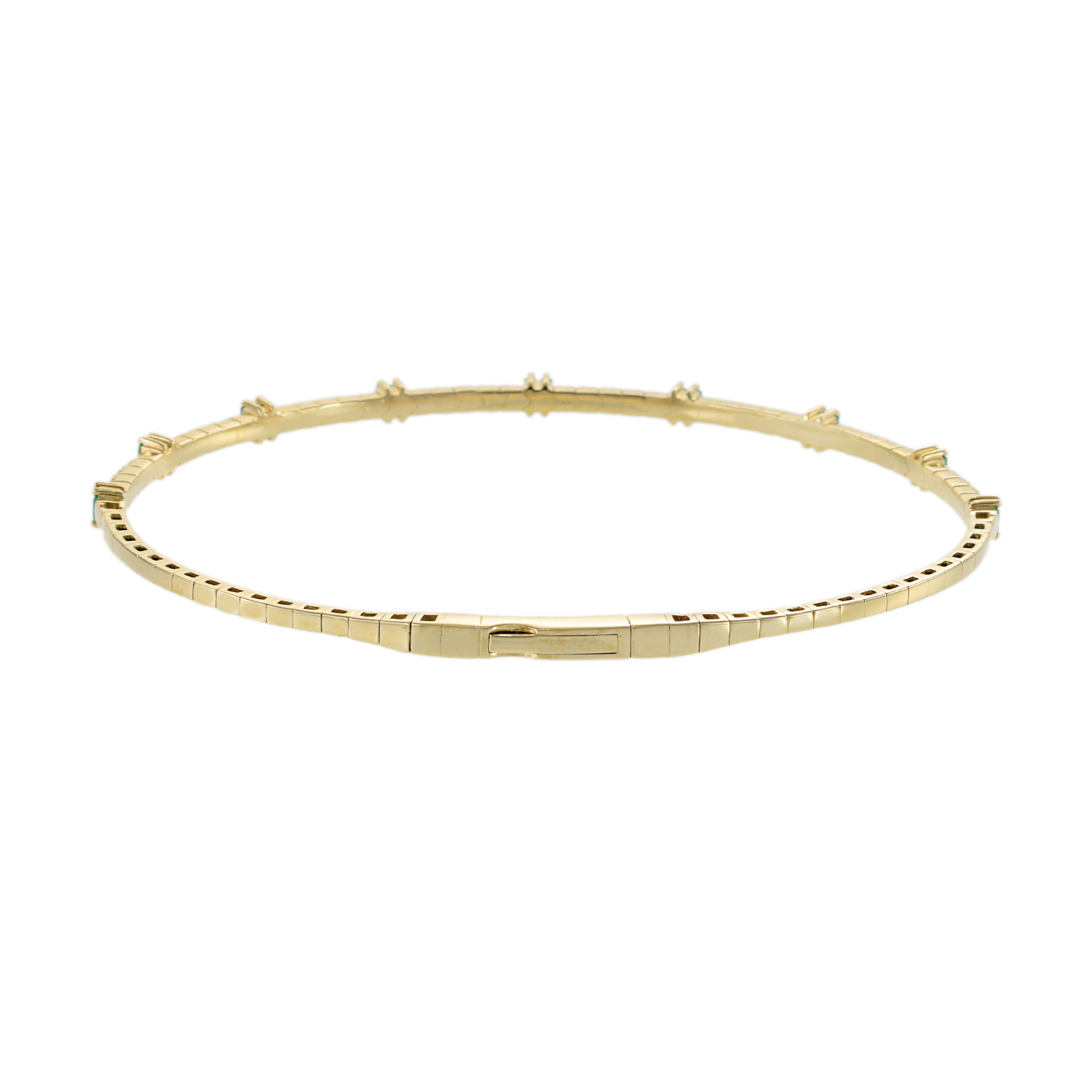 14KT Yellow Gold with Round Cut Diamonds and Baguette Emeralds Flex Bangle