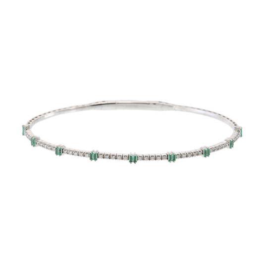 14KT White Gold Diamonds and  Emeralds Flex Bangle