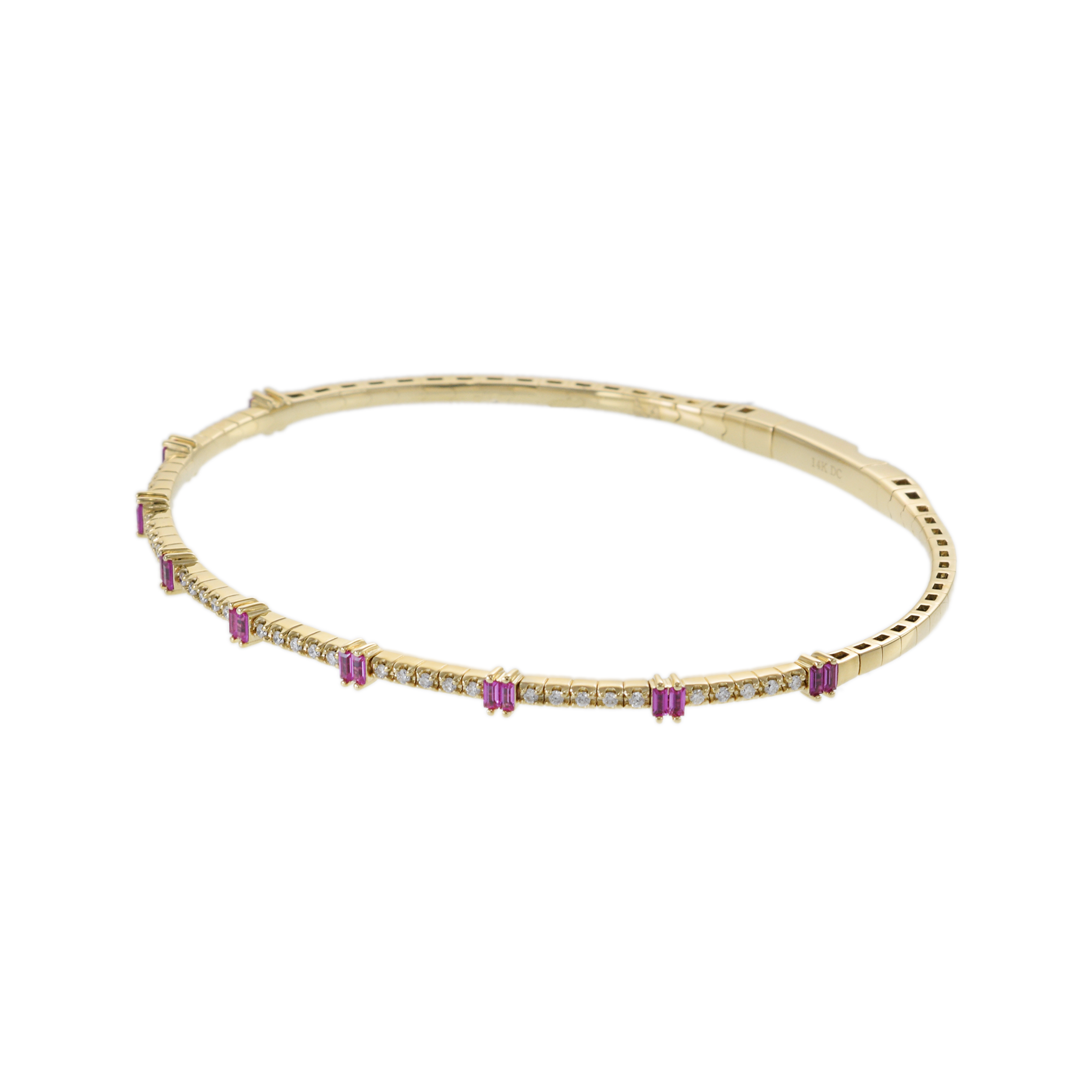 14KT Yellow Gold with Round Cut Diamonds and Baguette Cut Rubies Flex Bangle