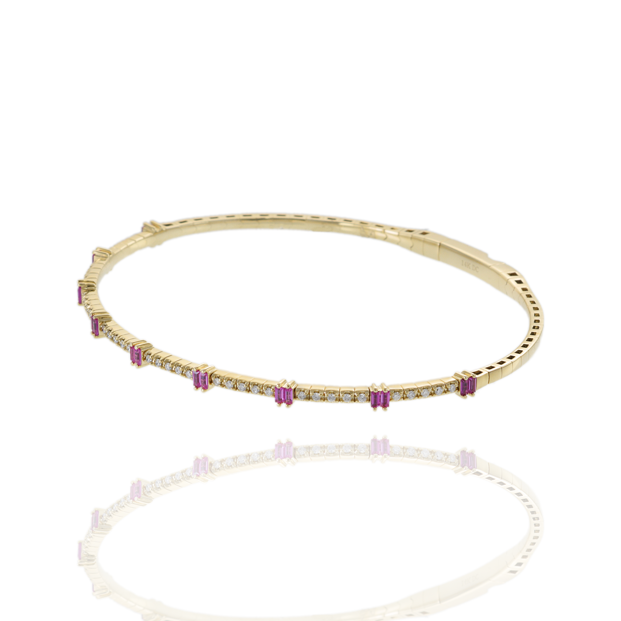 14KT Yellow Gold with Round Cut Diamonds and Baguette Cut Rubies Flex Bangle