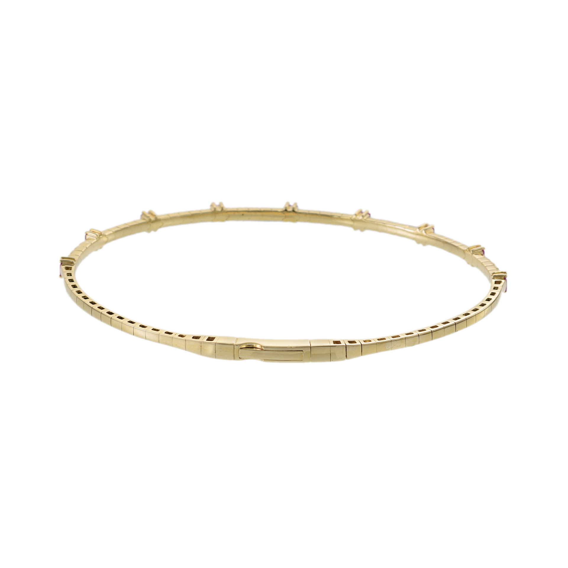 14KT Yellow Gold with Round Cut Diamonds and Baguette Cut Rubies Flex Bangle