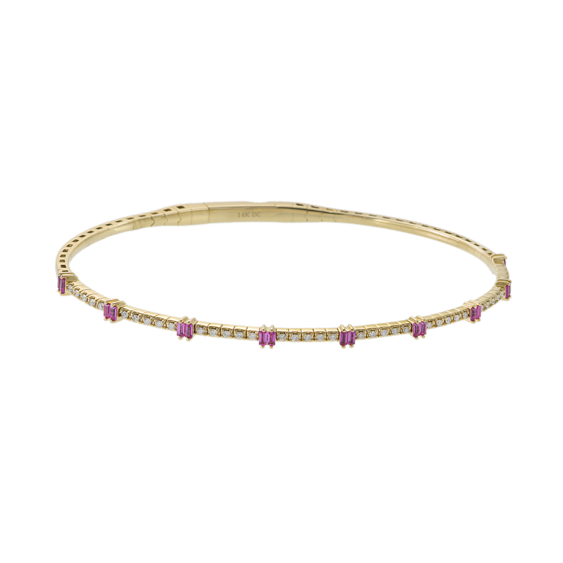 14KT Yellow Gold with Round Cut Diamonds and Baguette Cut Rubies Flex Bangle