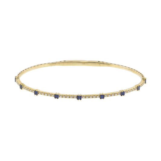 14KT Yellow Gold with Round Cut Diamonds and Baguette Sapphire Flex Bangle