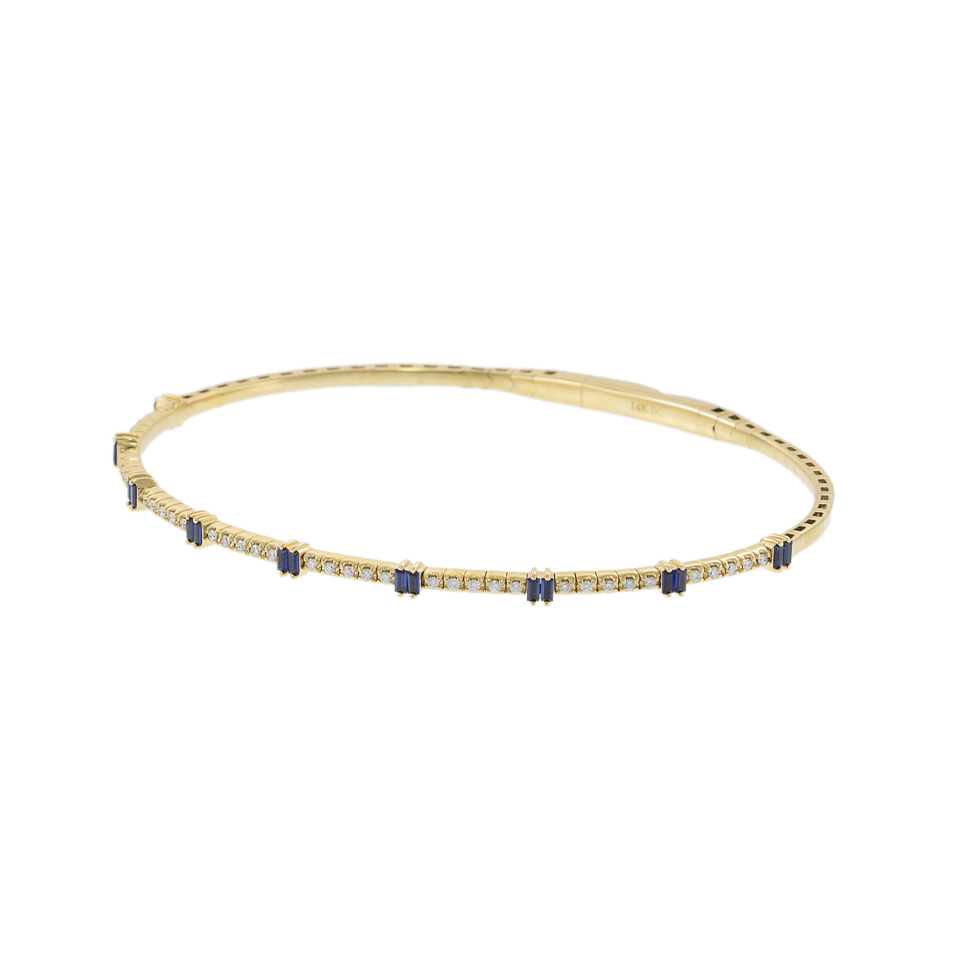 14KT Yellow Gold with Round Cut Diamonds and Baguette Sapphire Flex Bangle