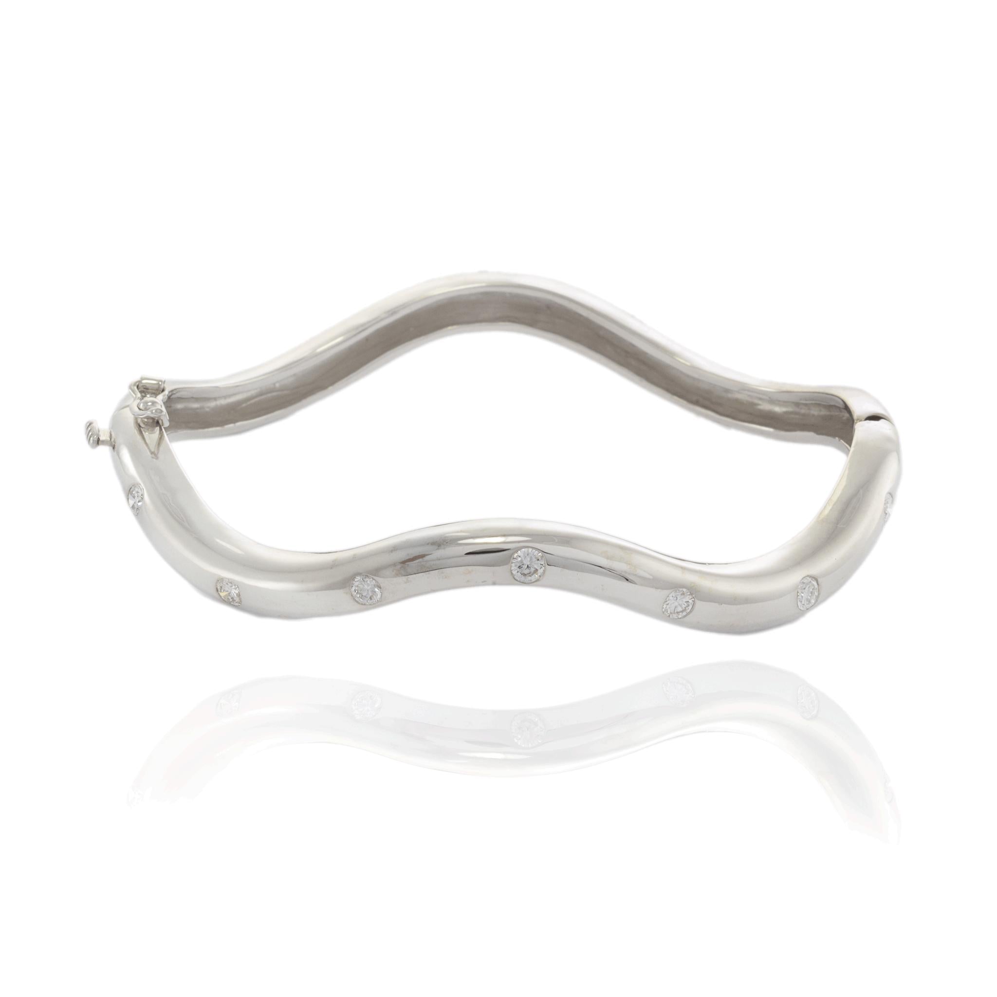 Wave Style Diamond Bangle Bracelet in 14KT White Gold