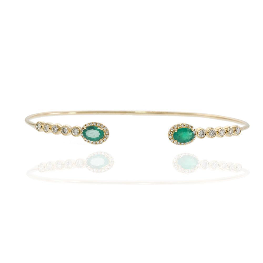 14KT Yellow Gold Open Bangle with Emerald and Diamond Accents