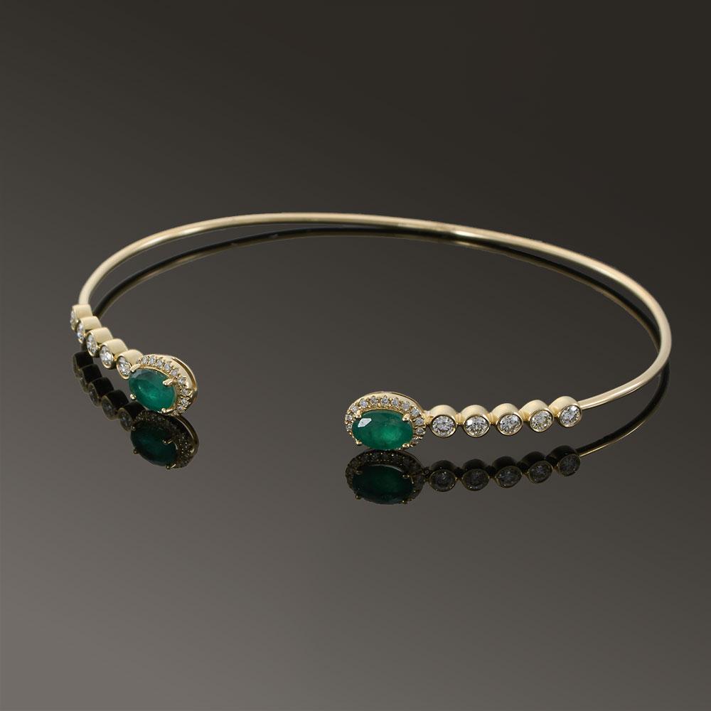 14KT Yellow Gold Open Bangle with Emerald and Diamond Accents