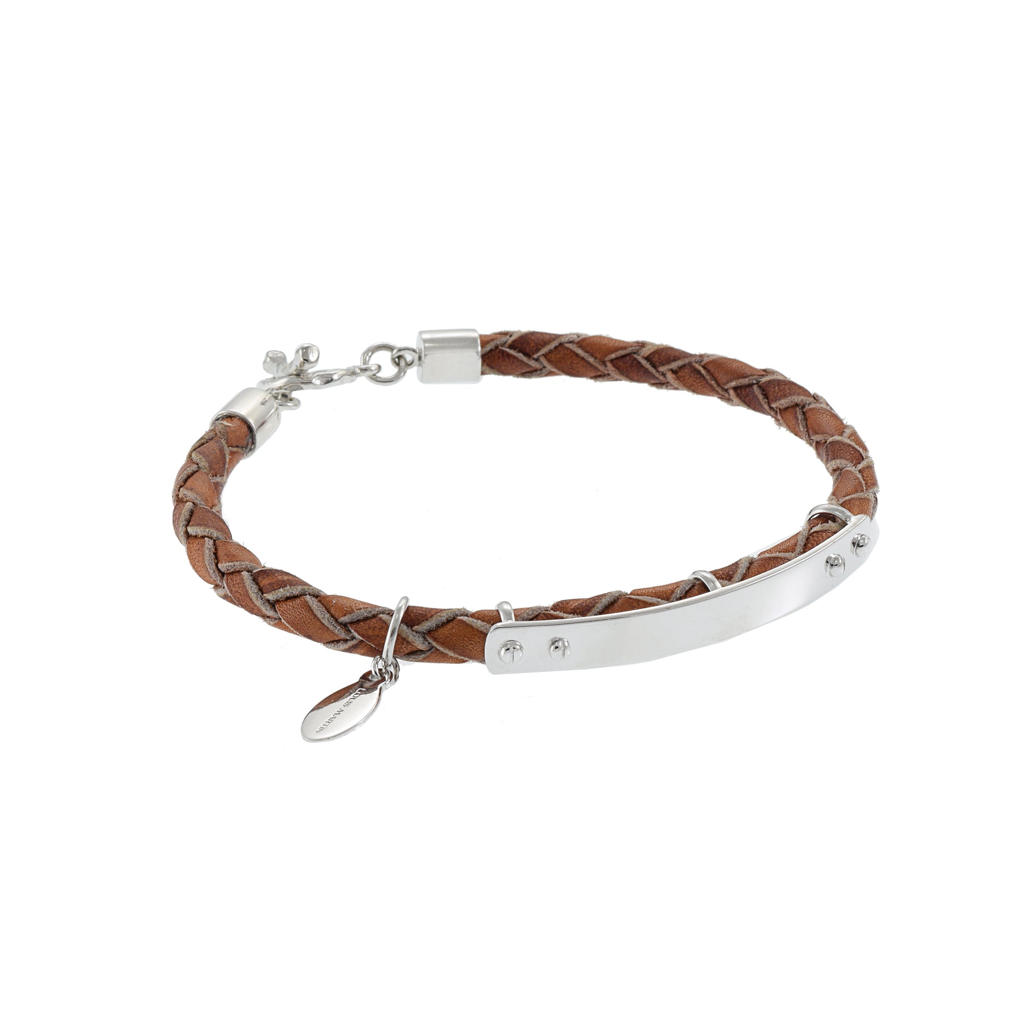 Louis Martin Sterling Silver 7.5" ID Bar Bracelet with Light Brown Italian Braided Leather