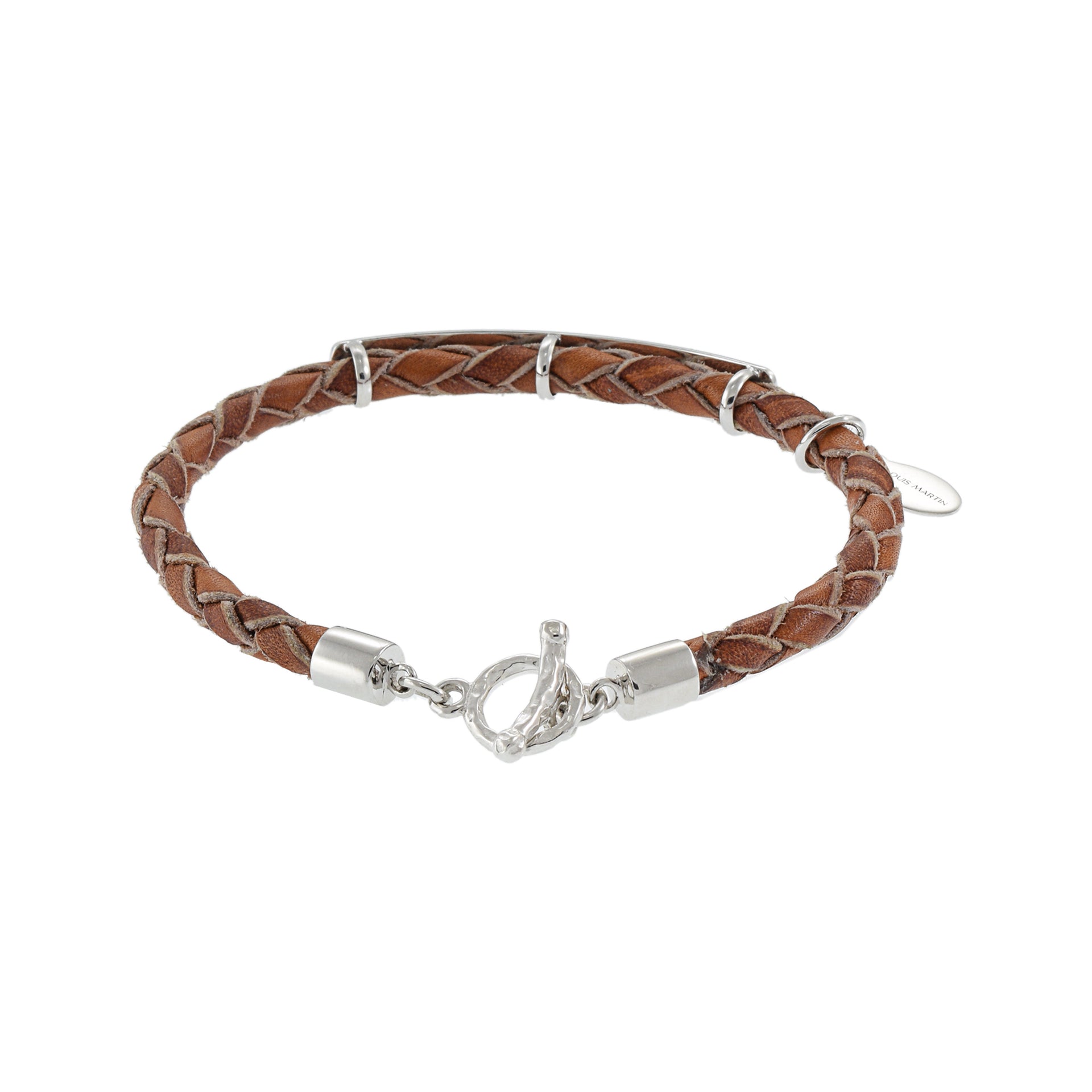 Louis Martin Sterling Silver 7.5" ID Bar Bracelet with Light Brown Italian Braided Leather