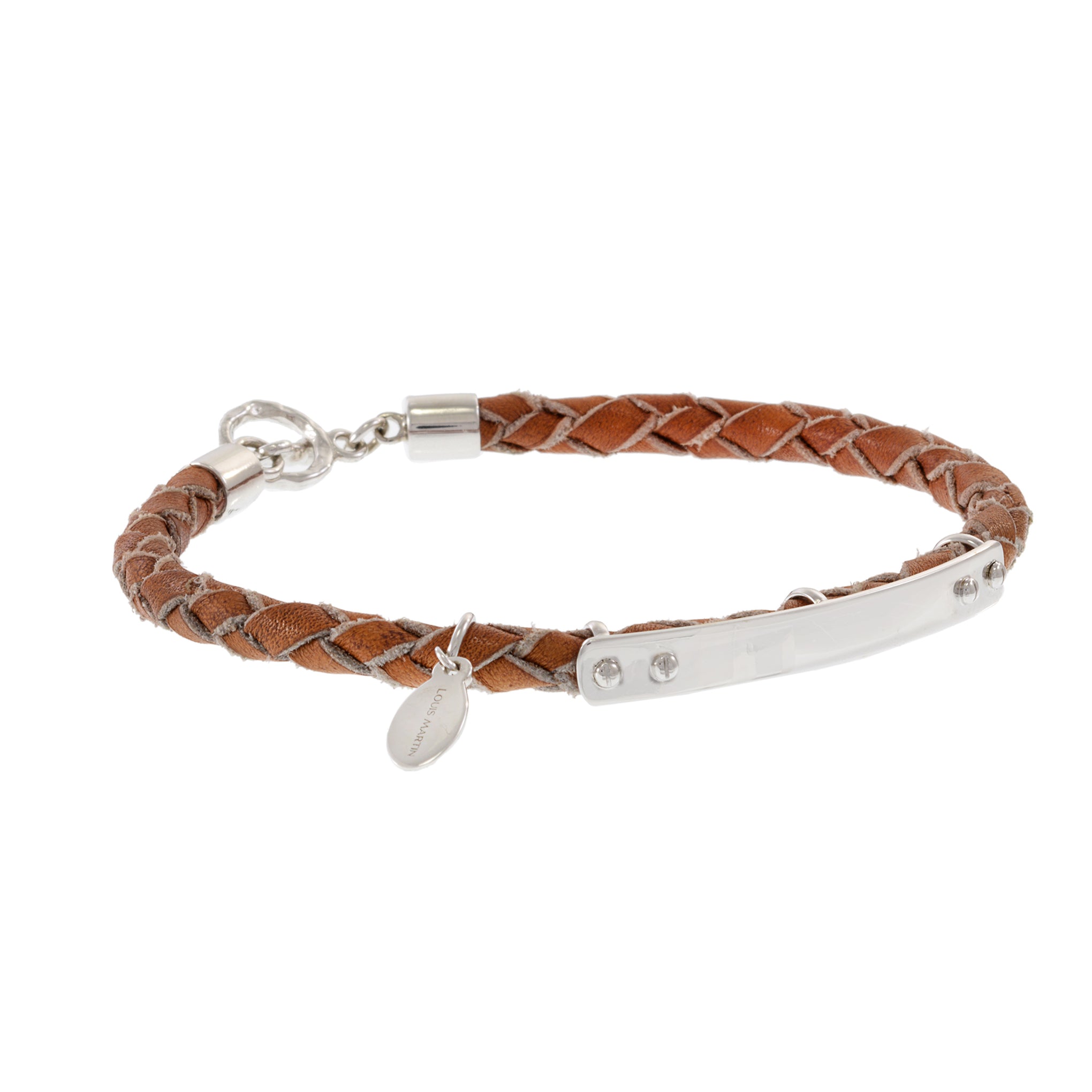 Louis Martin Sterling Silver ID bar Light Brown Braided Italian Leather Bracelet