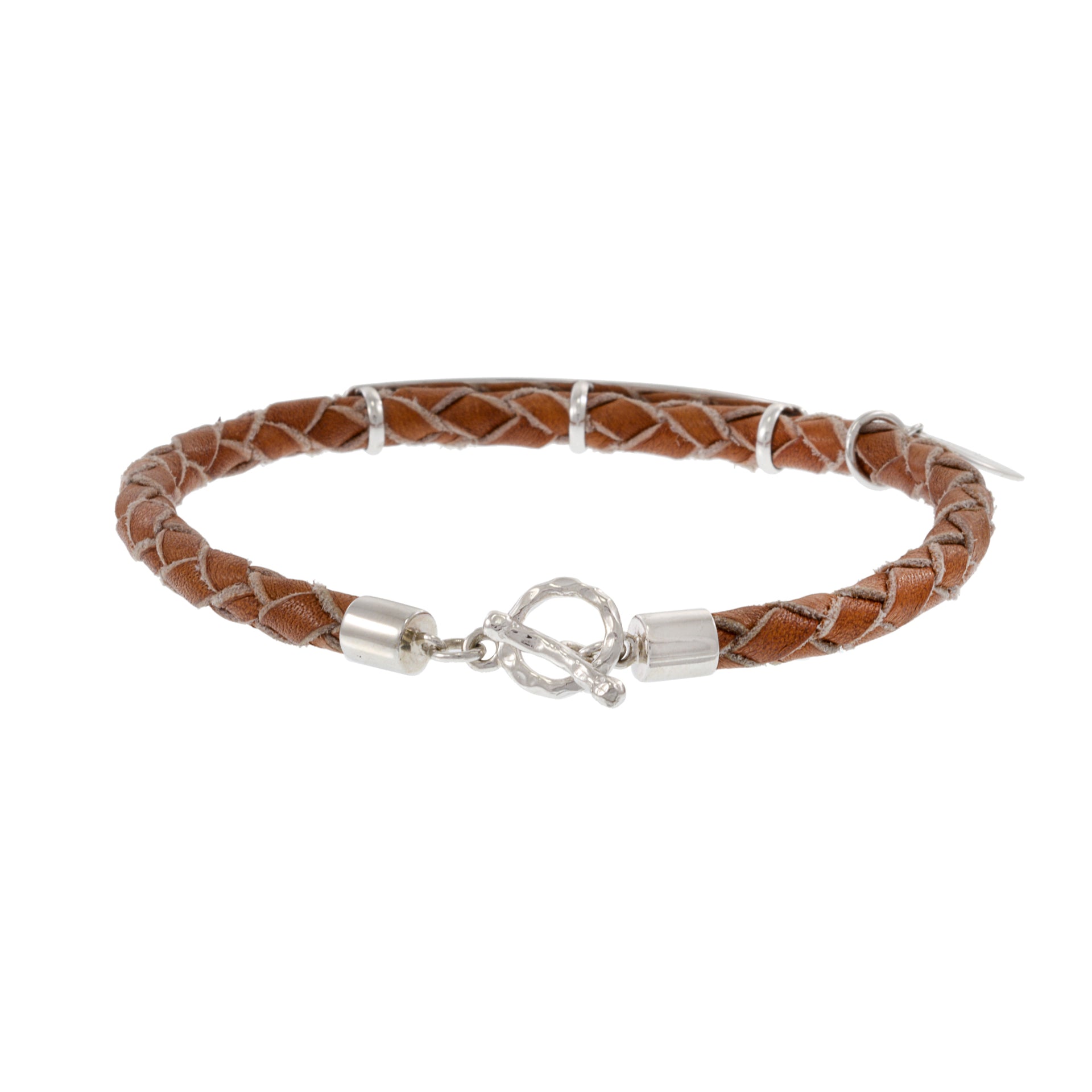 Louis Martin Sterling Silver ID bar Light Brown Braided Italian Leather Bracelet