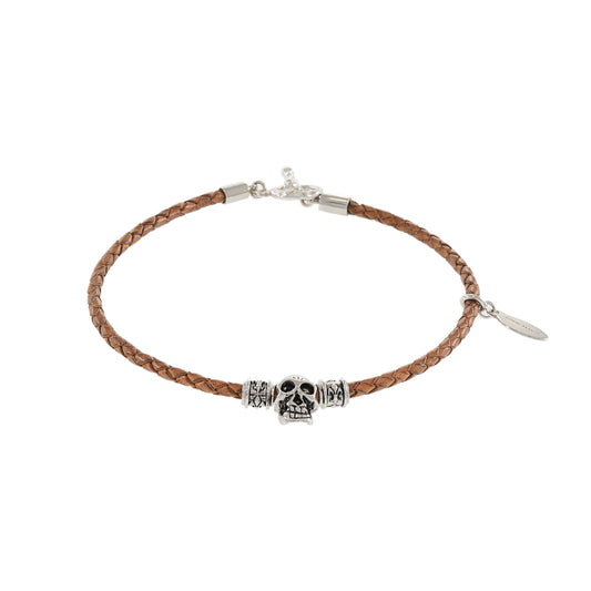 Louis Martin Sterling Silver 8.5" Skull with Brown Leather Braid Bracelet