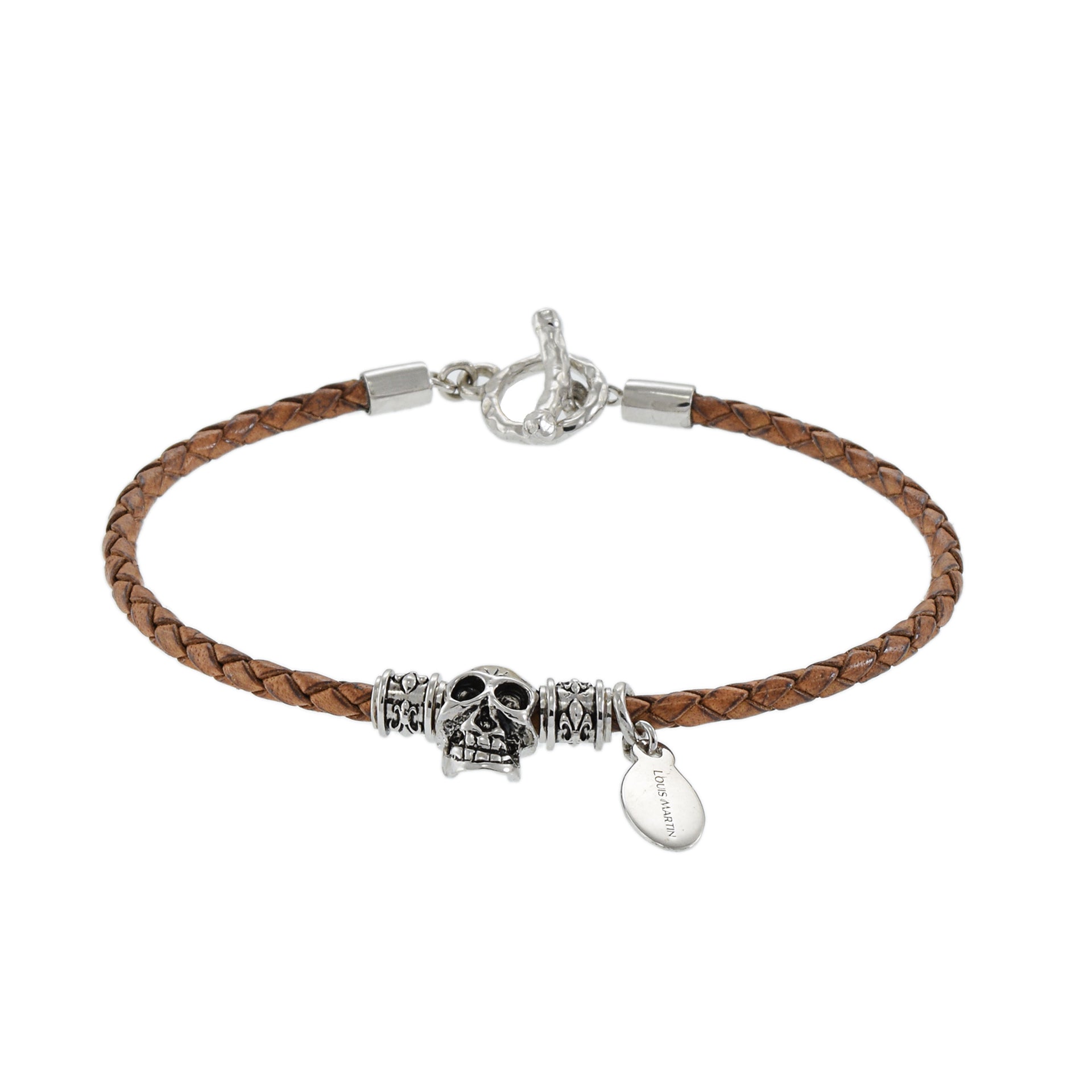 Louis Martin Sterling Silver 7.5" Skull and Brown Braided Italian Leather Bracelet