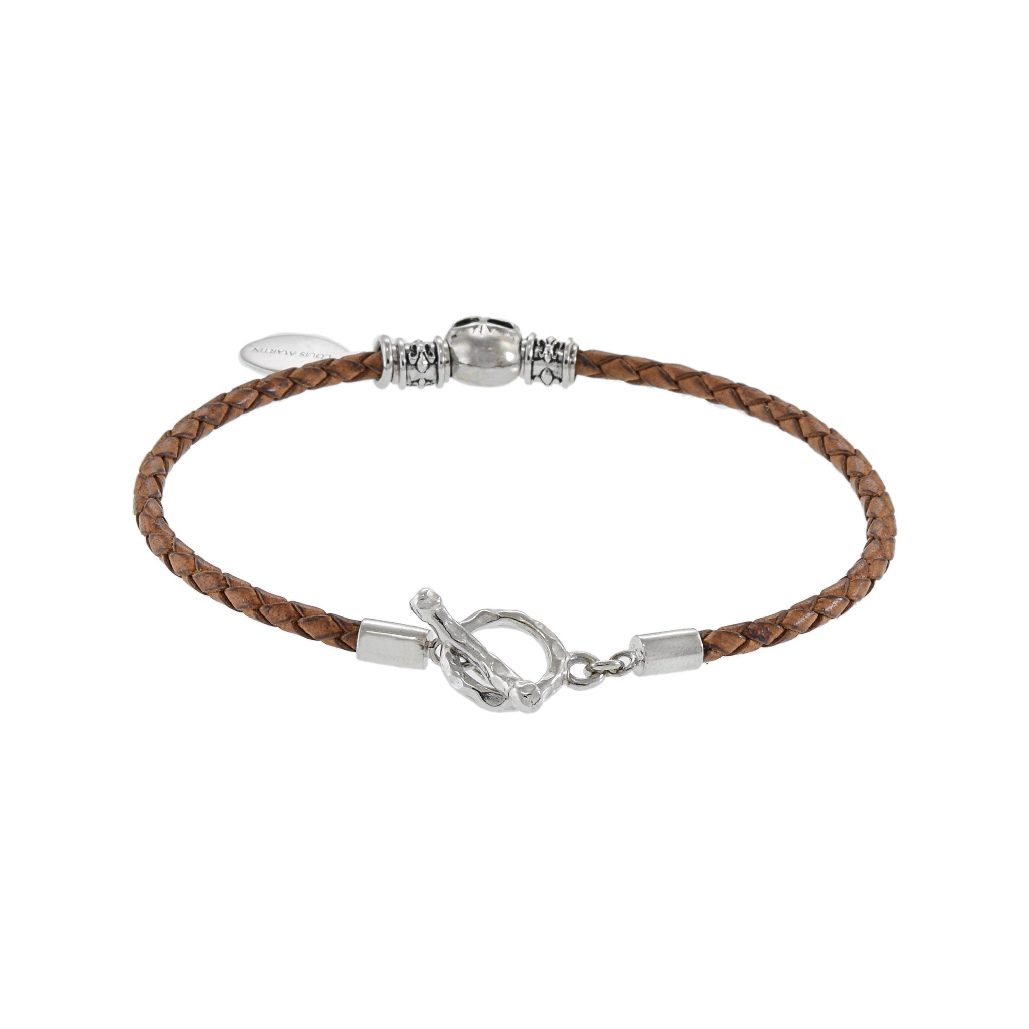 Louis Martin Sterling Silver 7.5" Skull and Brown Braided Italian Leather Bracelet