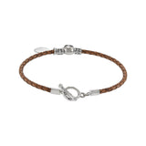 Louis Martin Sterling Silver 7.5" Skull and Brown Braided Italian Leather Bracelet