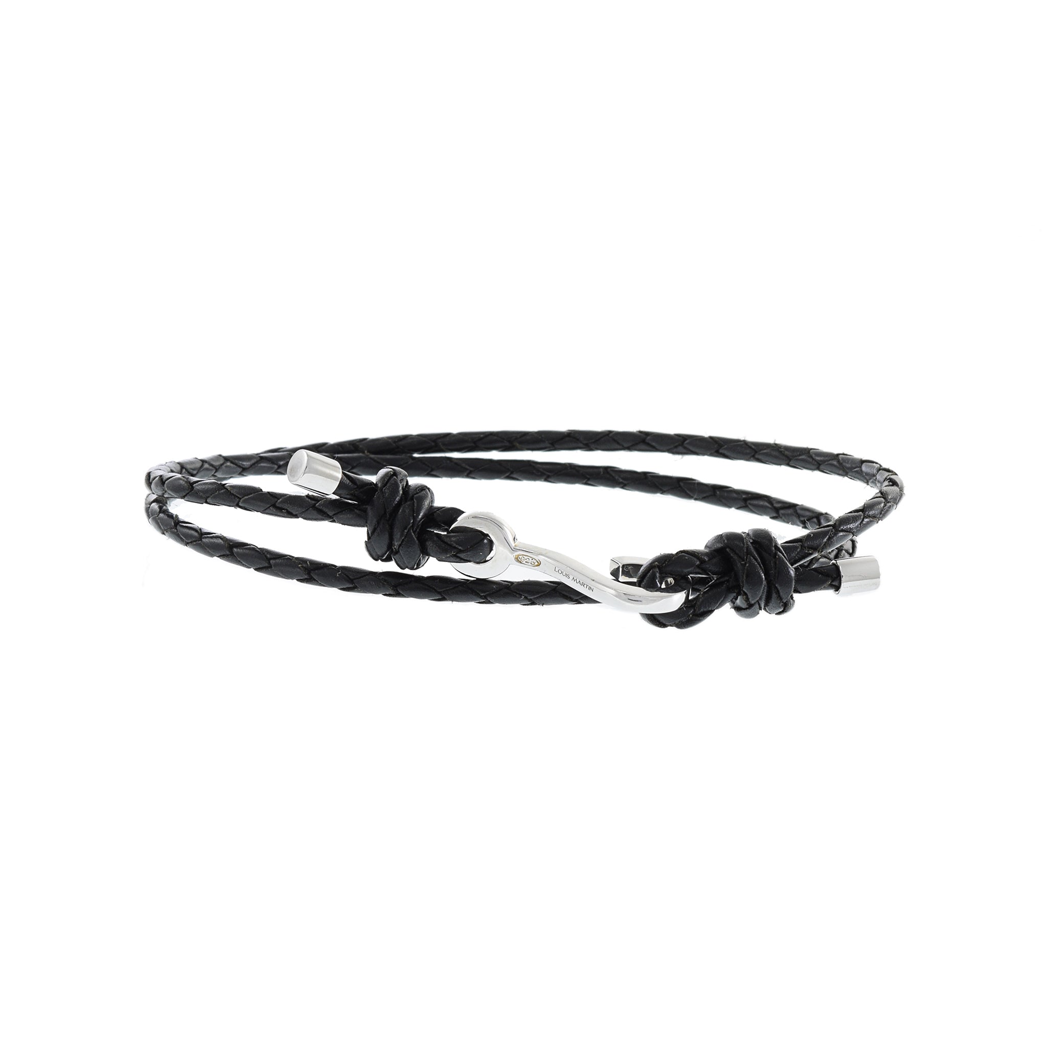 LOUIS MARTIN Sterling Silver Fish Hook Double Wrap Black Italian Leather Braid Bracelet