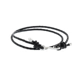 LOUIS MARTIN Sterling Silver Fish Hook Double Wrap Black Italian Leather Braid Bracelet