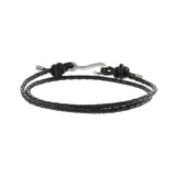 LOUIS MARTIN Sterling Silver Fish Hook Double Wrap Black Italian Leather Braid Bracelet