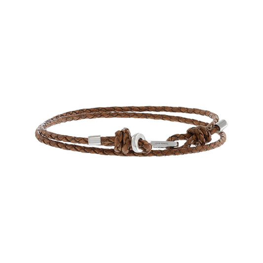 LOUIS MARTIN Sterling Silver Fish Hook Double Wrap Brown Italian Leather Braid Bracelet