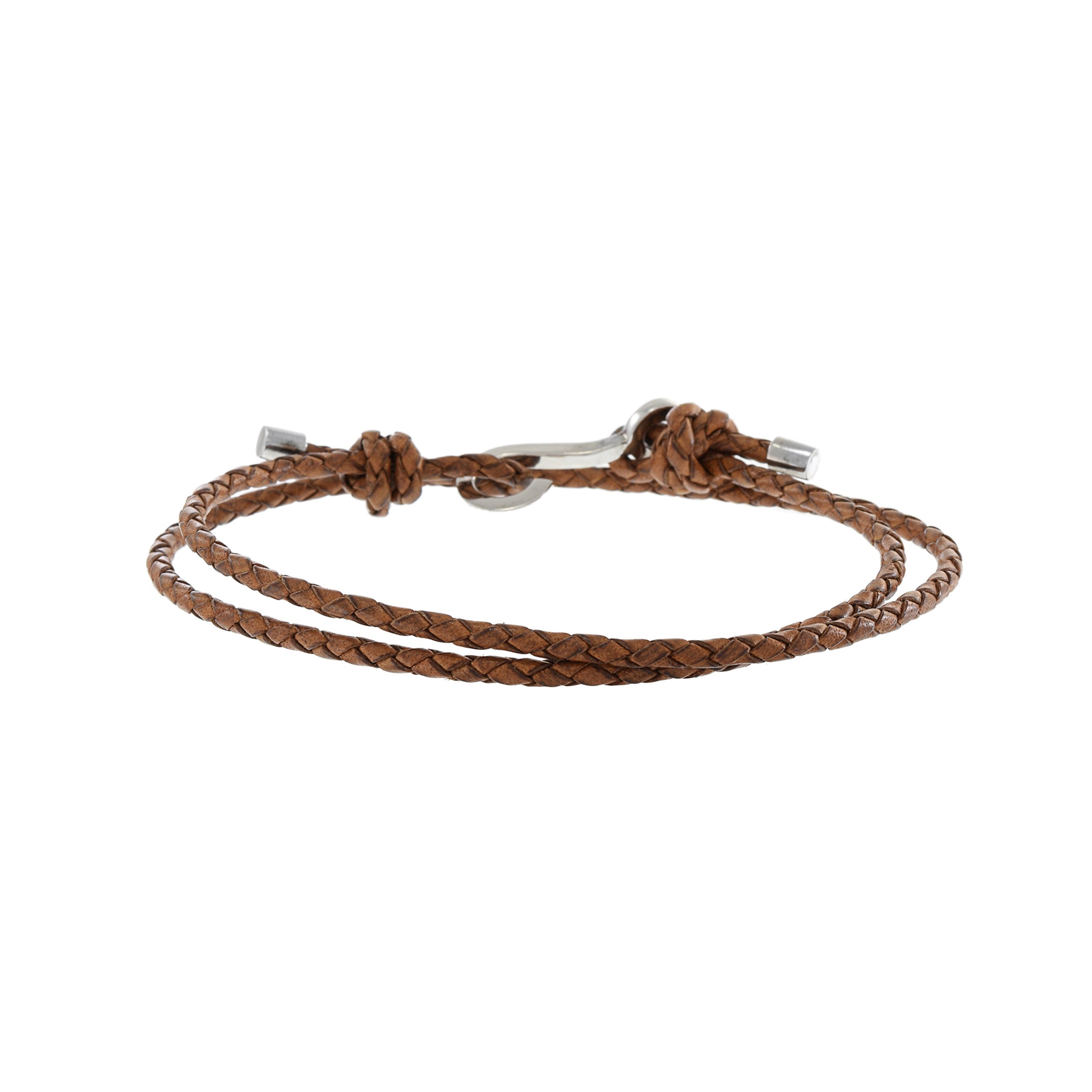 LOUIS MARTIN Sterling Silver Fish Hook Double Wrap Brown Italian Leather Braid Bracelet