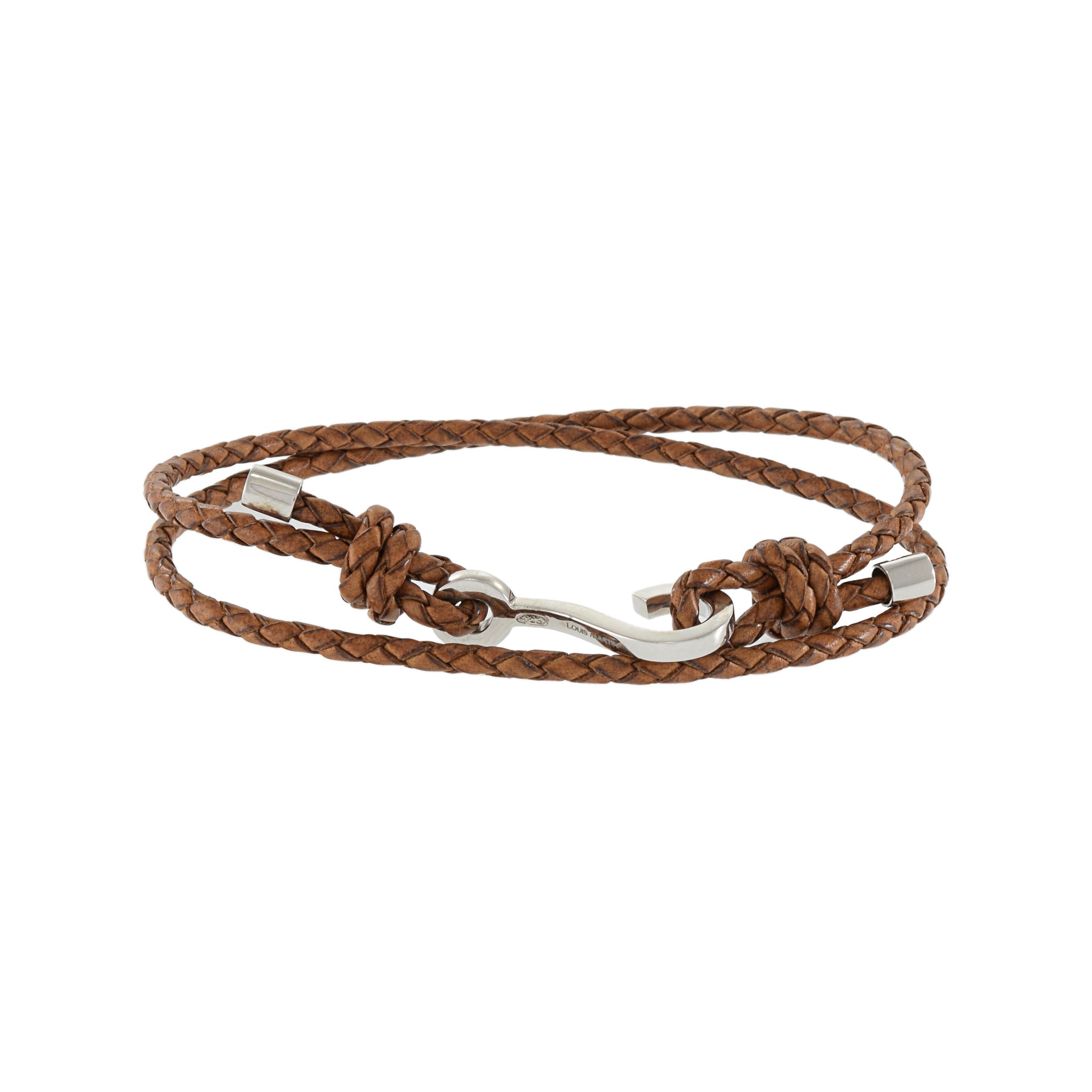 Louis Martin Sterling Silver 7.5" Rope with Hook Brown Italian Leather Braided Bracelet