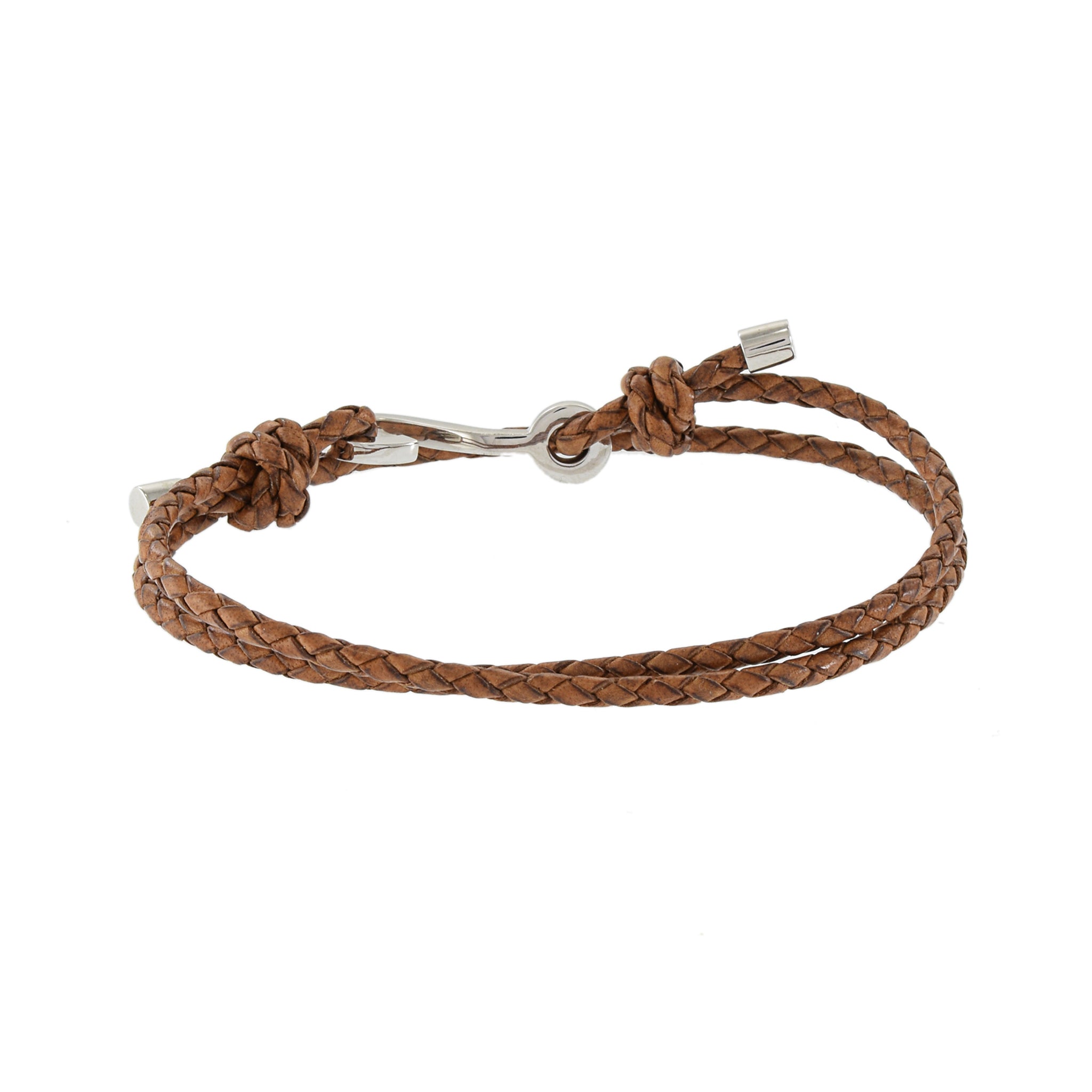 Louis Martin Sterling Silver 7.5" Rope with Hook Brown Italian Leather Braided Bracelet