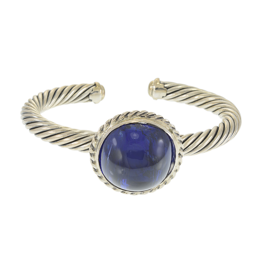 Sterling Silver Twisted Bangle with Round Cabochon Tanzanite Center