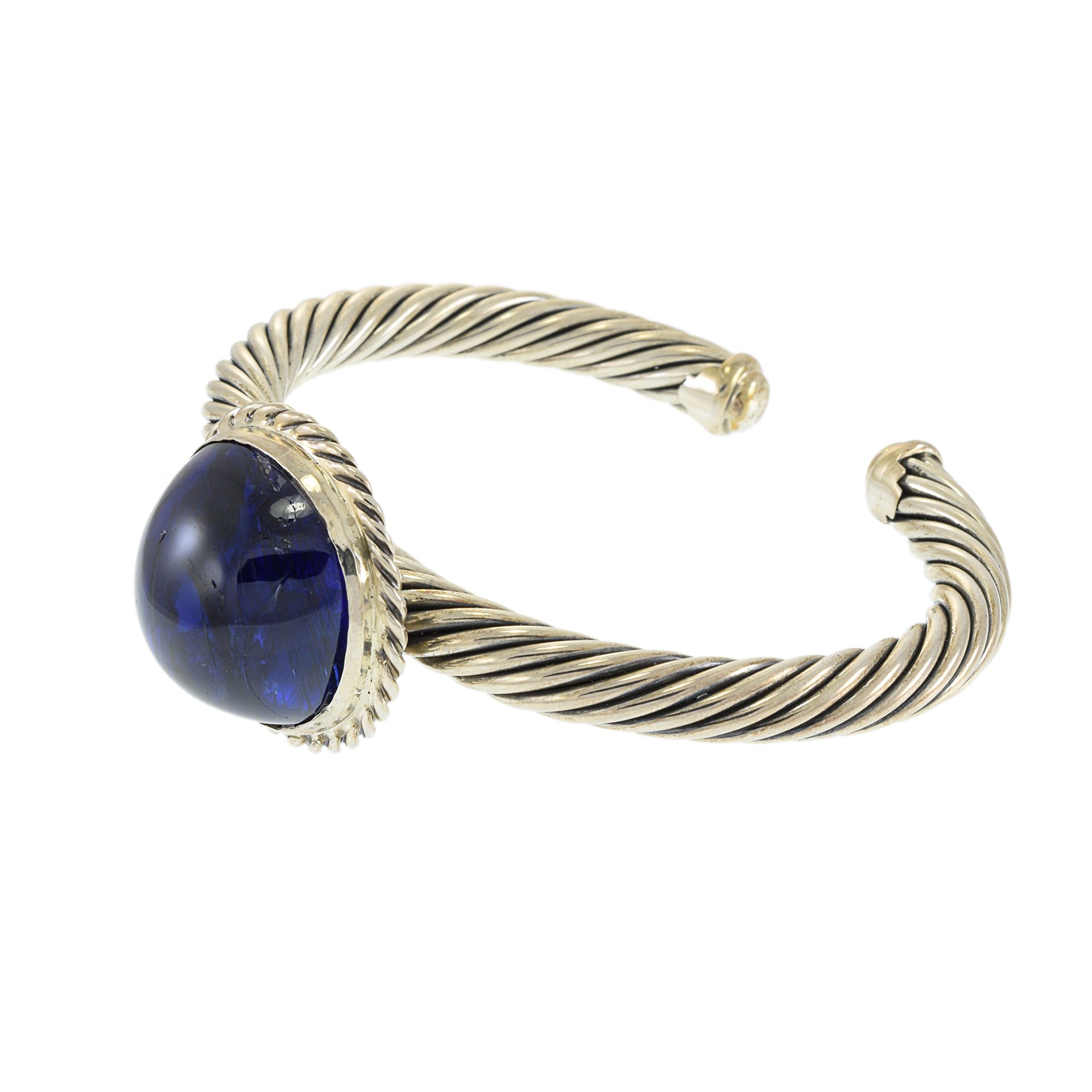 Sterling Silver Twisted Bangle with Round Cabochon Tanzanite Center