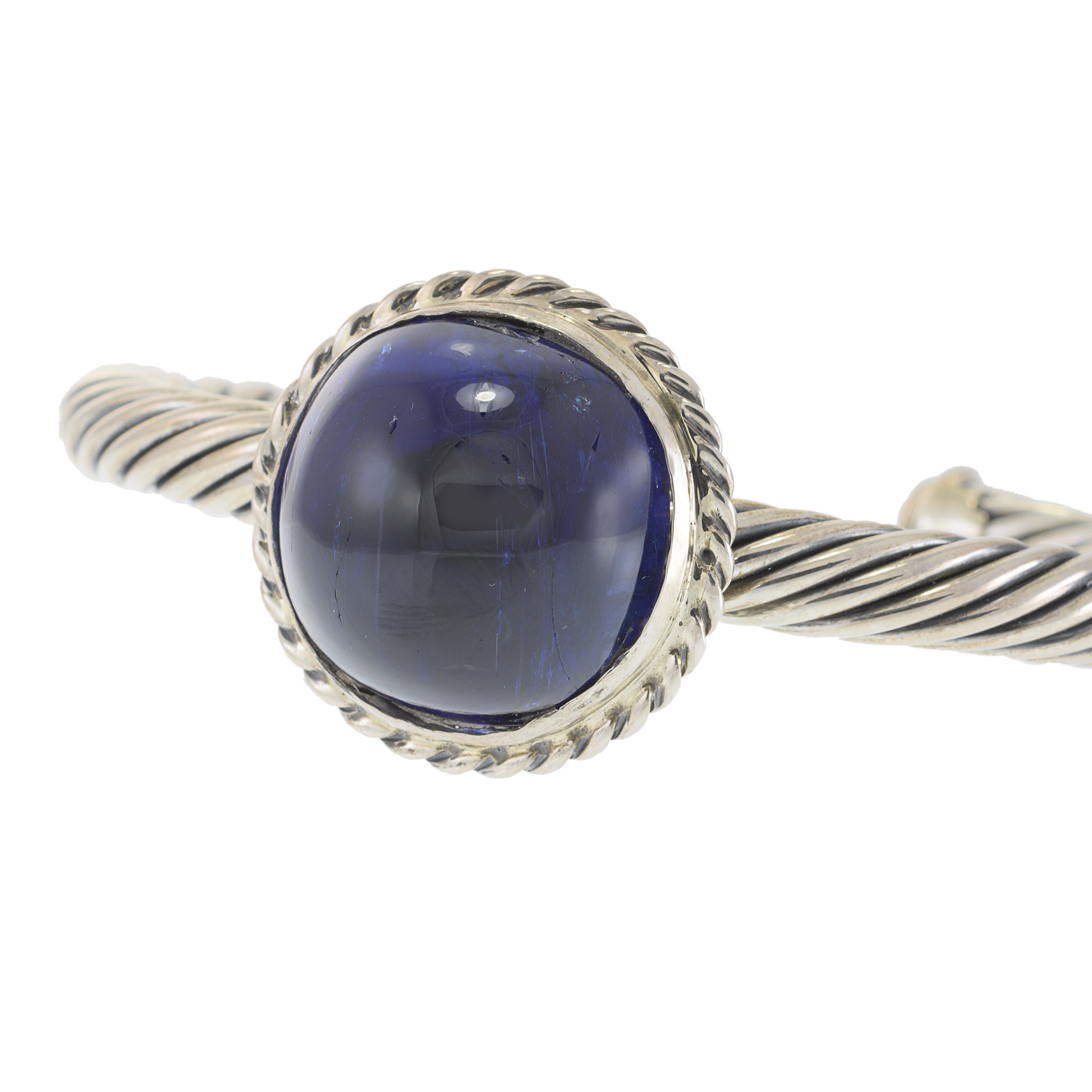 Sterling Silver Twisted Bangle with Round Cabochon Tanzanite Center