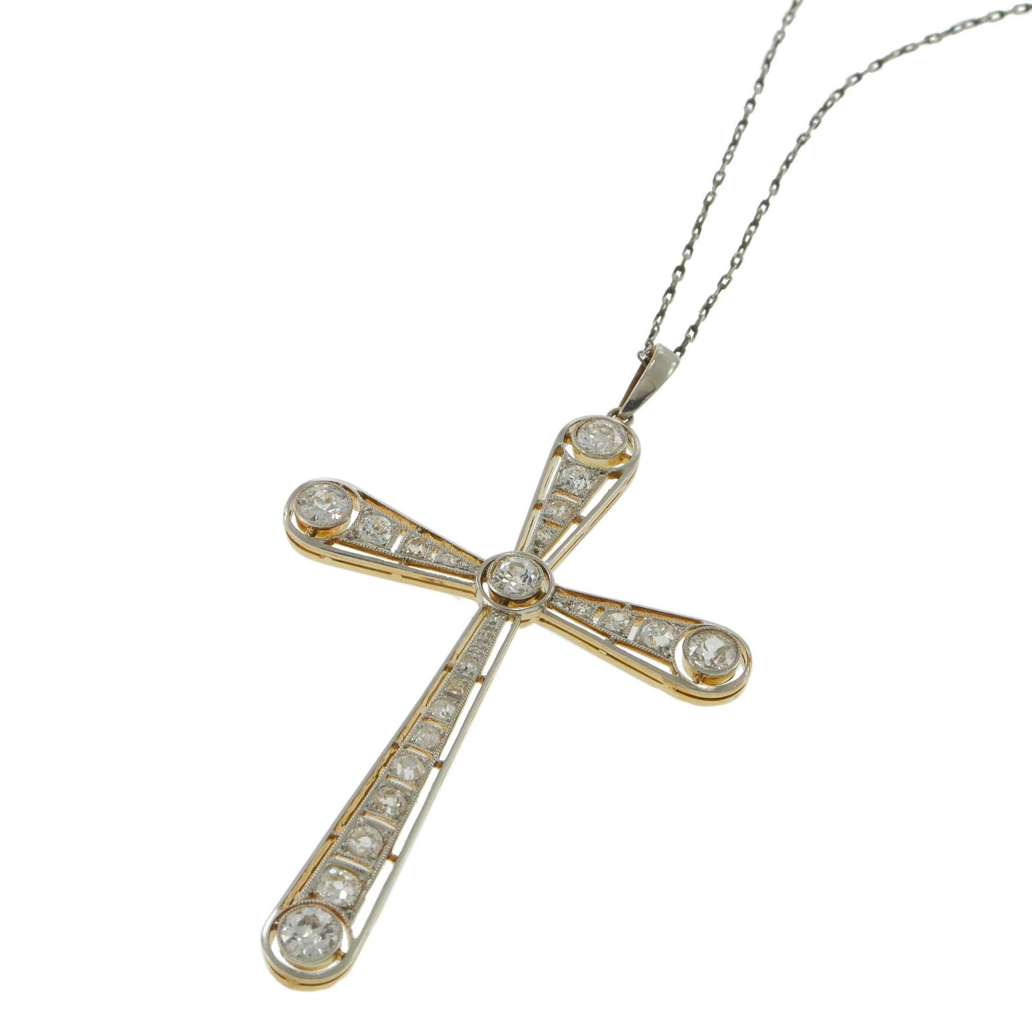 Vintage Art Deco Period 18KT Yellow Gold & Platinum Diamond Cross Pendant Neckla
