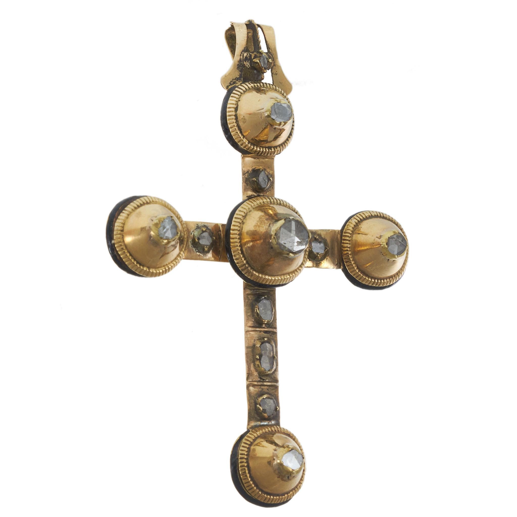 Antique Victorian 18KT, Black Enamel & Diamond Capucine Cross Pendant