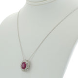 14KT White Gold Oval Ruby and Diamond Halo Pendant Necklace