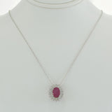 14KT White Gold Oval Ruby and Diamond Halo Pendant Necklace