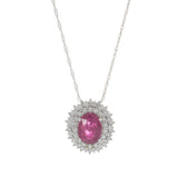 14KT White Gold Oval Ruby and Diamond Halo Pendant Necklace