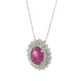 14KT White Gold Oval Ruby and Diamond Halo Pendant Necklace